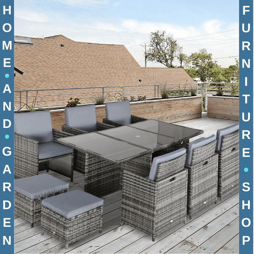10 Seater Rattan Garden Dining Set with Cushions Footstools Table & Parasol Hole - Home and Garden Furniture Shop - rustic - furniture