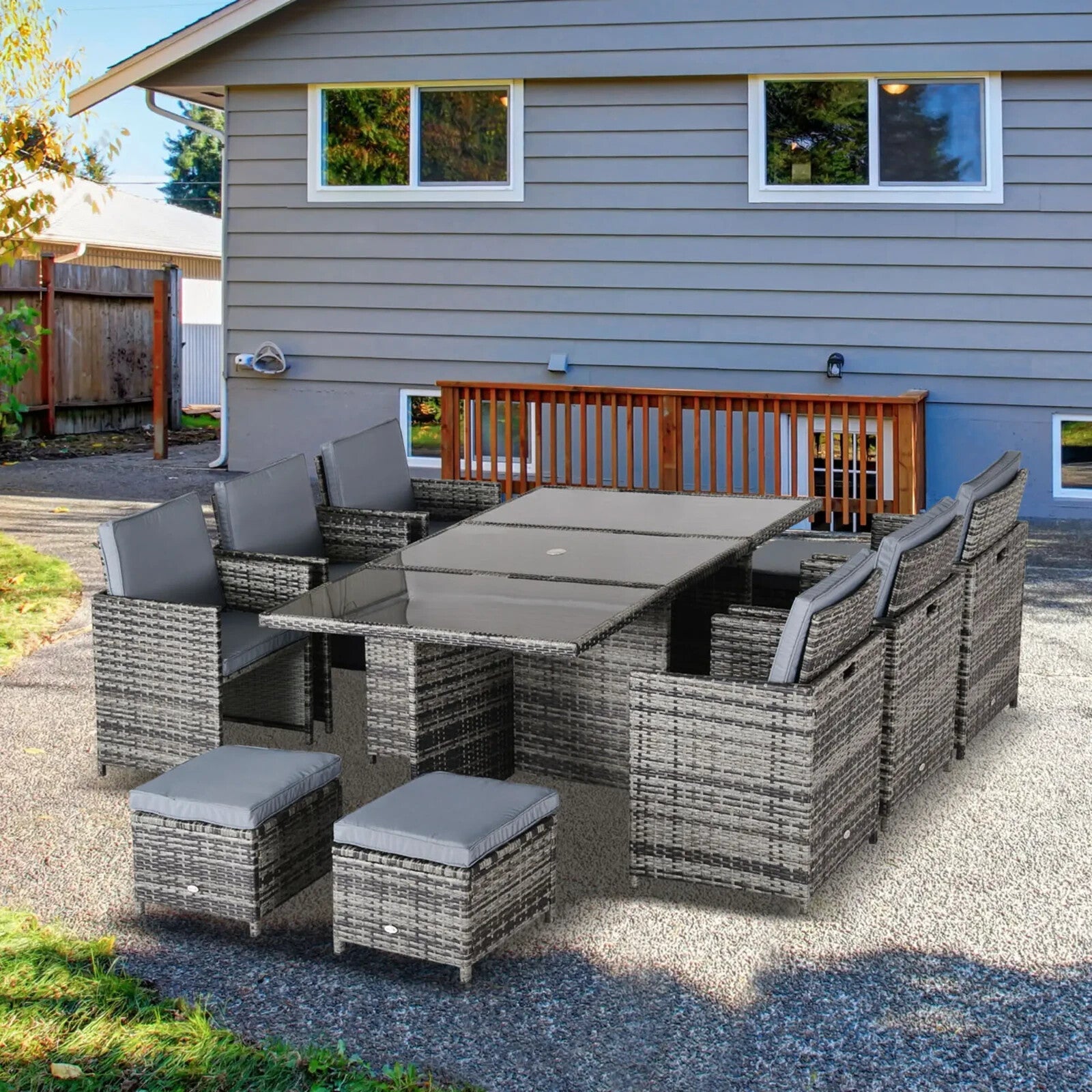 10 Seater Rattan Garden Dining Set with Cushions Footstools Table & Parasol Hole - Home and Garden Furniture Shop - rustic - furniture
