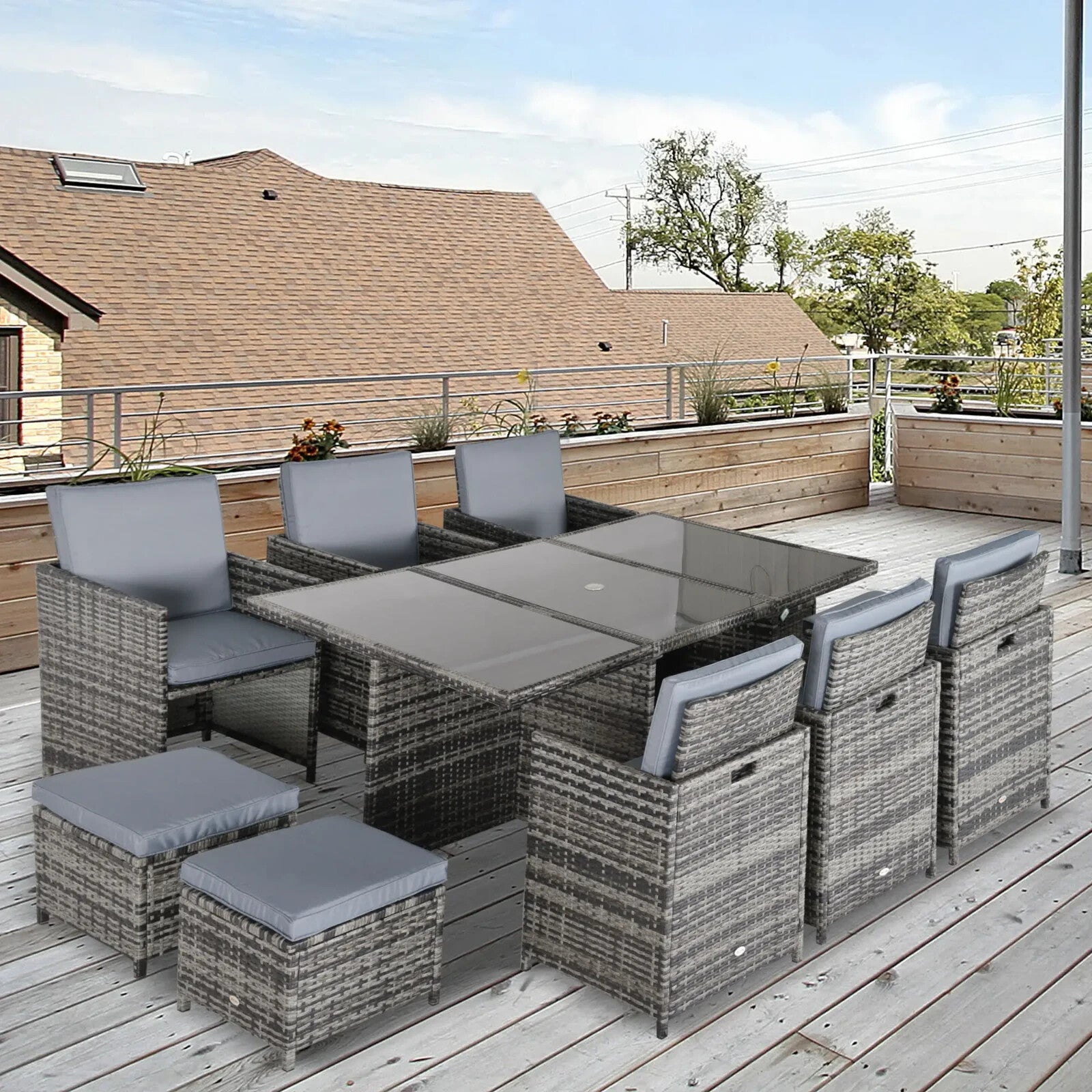 10 Seater Rattan Garden Dining Set with Cushions Footstools Table & Parasol Hole - Home and Garden Furniture Shop - rustic - furniture