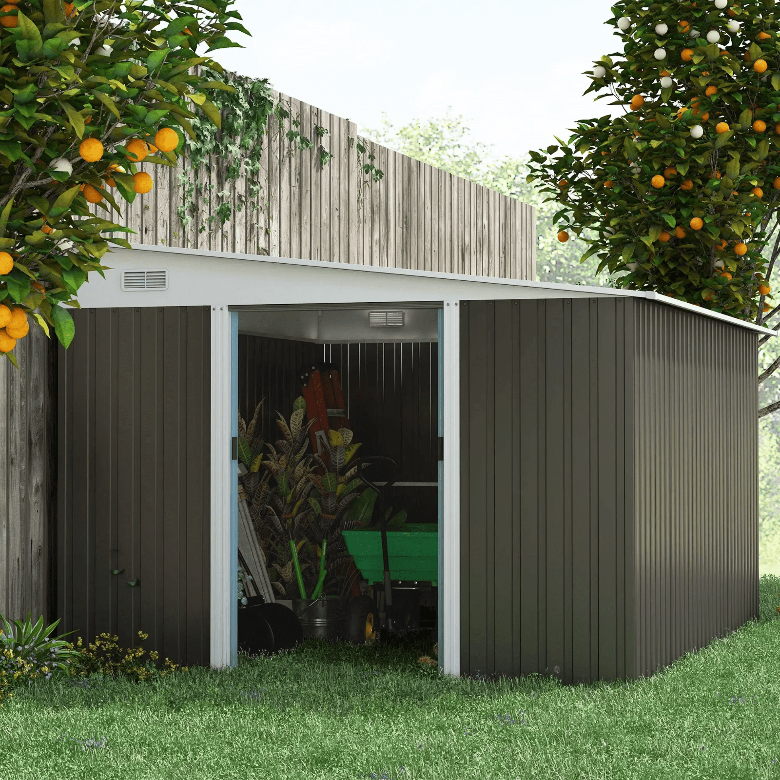 11 x 9ft Metal Garden Shed Large Outdoor Tool Storage House Lockable Double Door - Home and Garden Furniture Shop - rustic - furniture