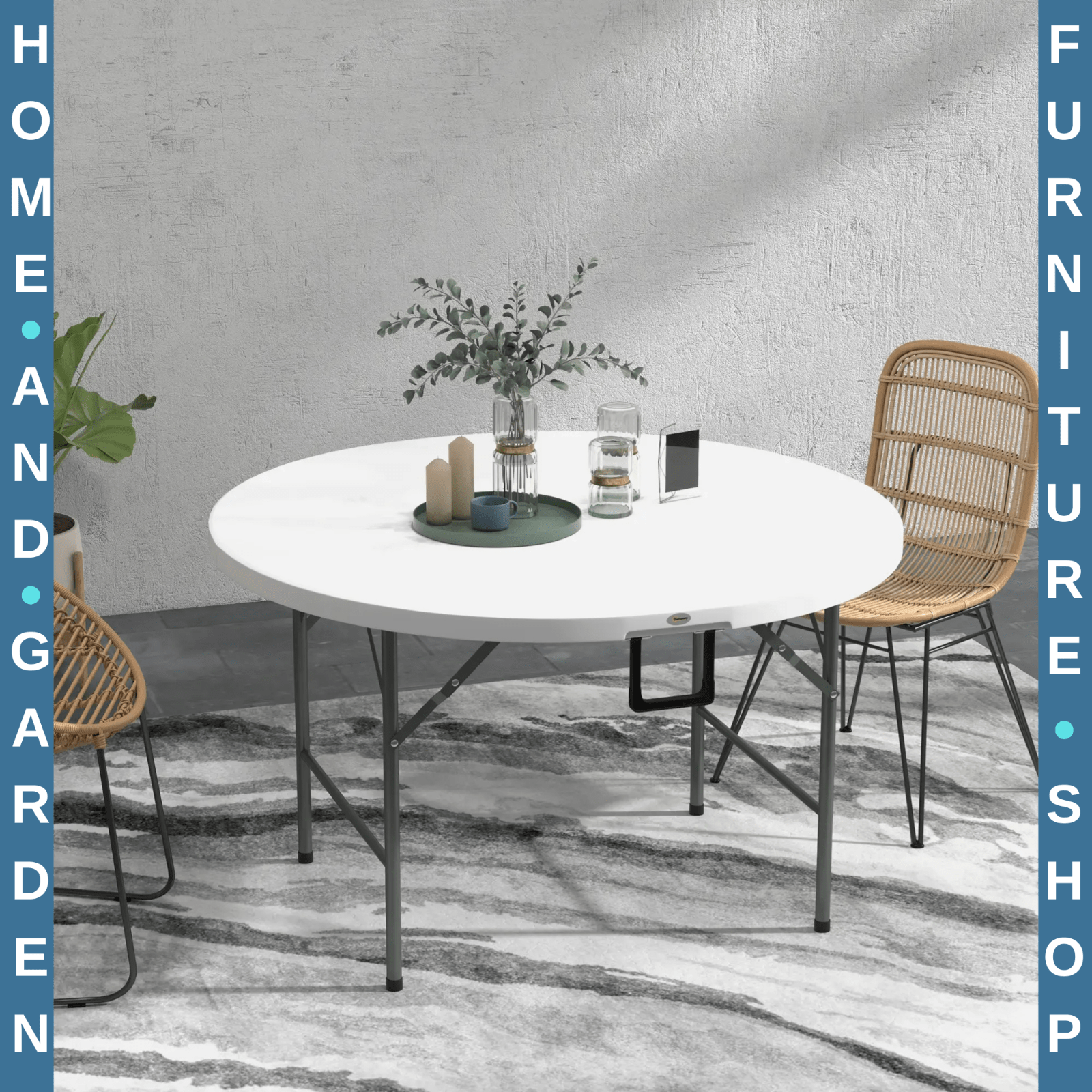 122 cm Folding Garden Table Outdoor HDPE Round Picnic Table Metal Frame White - Home and Garden Furniture Shop - rustic - furniture