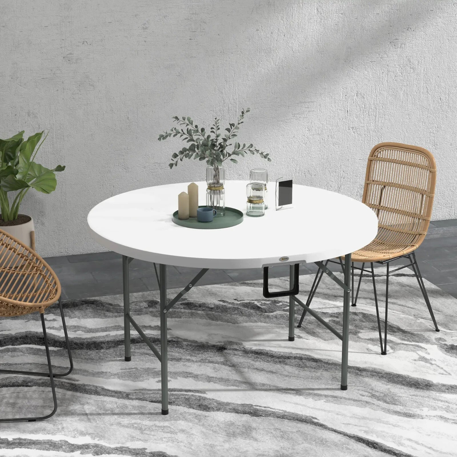 122 cm Folding Garden Table Outdoor HDPE Round Picnic Table Metal Frame White - Home and Garden Furniture Shop - rustic - furniture