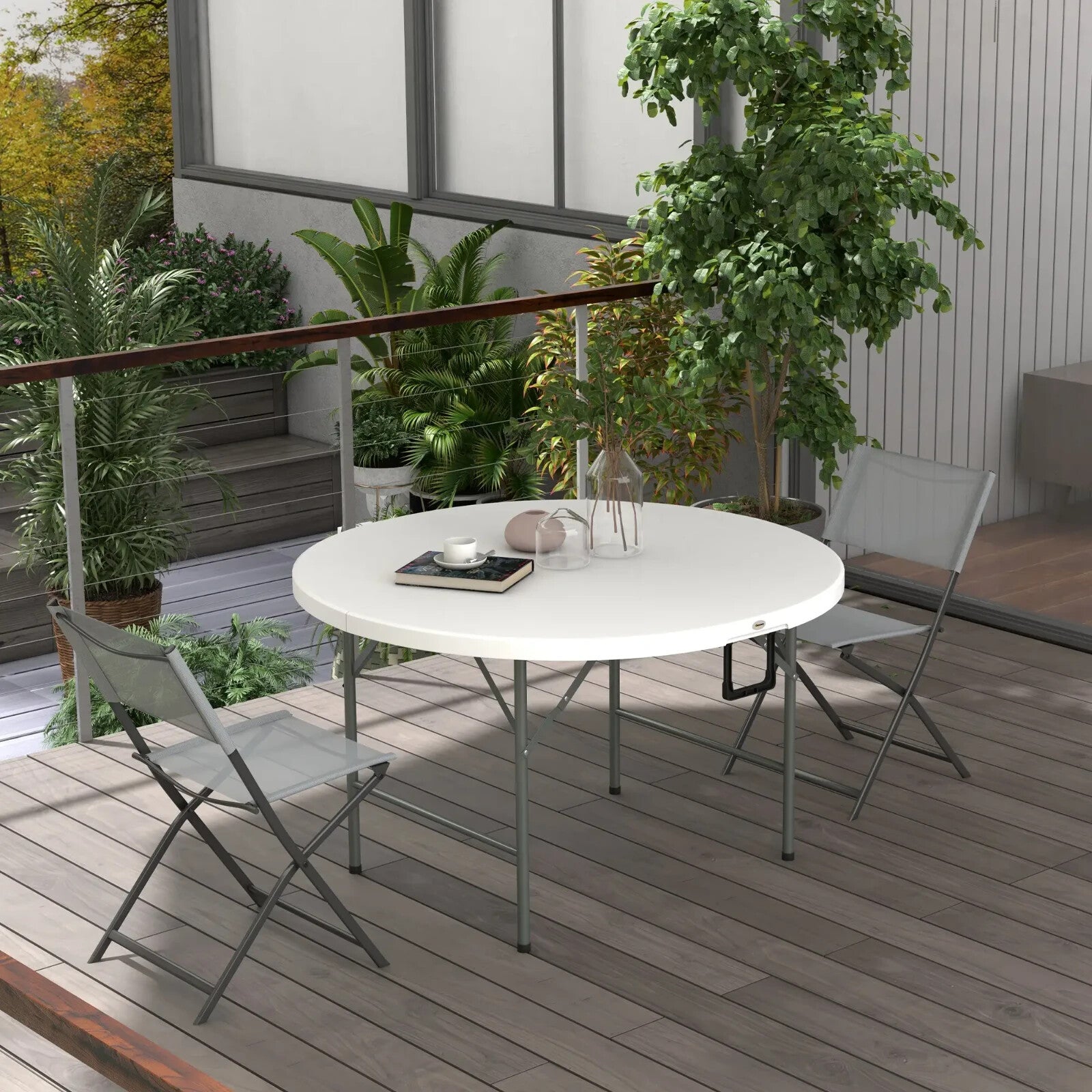 122 cm Folding Garden Table Outdoor HDPE Round Picnic Table Metal Frame White - Home and Garden Furniture Shop - rustic - furniture
