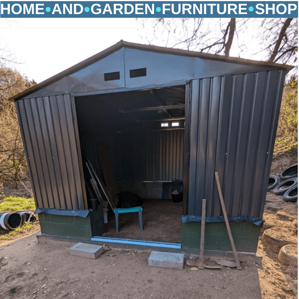 13 x 11 ft Metal Garden Storage Shed with Foundation Kit and Vents, Grey - Home and Garden Furniture Shop - rustic - furniture