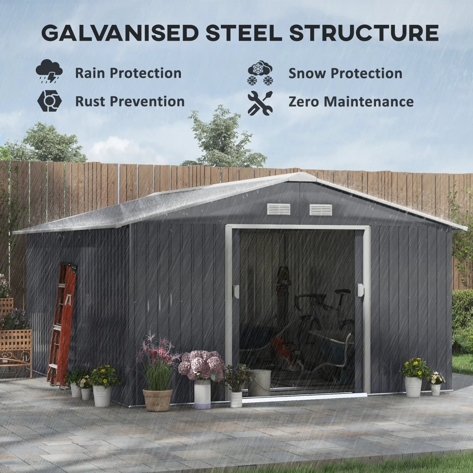 13 x 11 ft Metal Garden Storage Shed with Foundation Kit and Vents, Grey - Home and Garden Furniture Shop - rustic - furniture