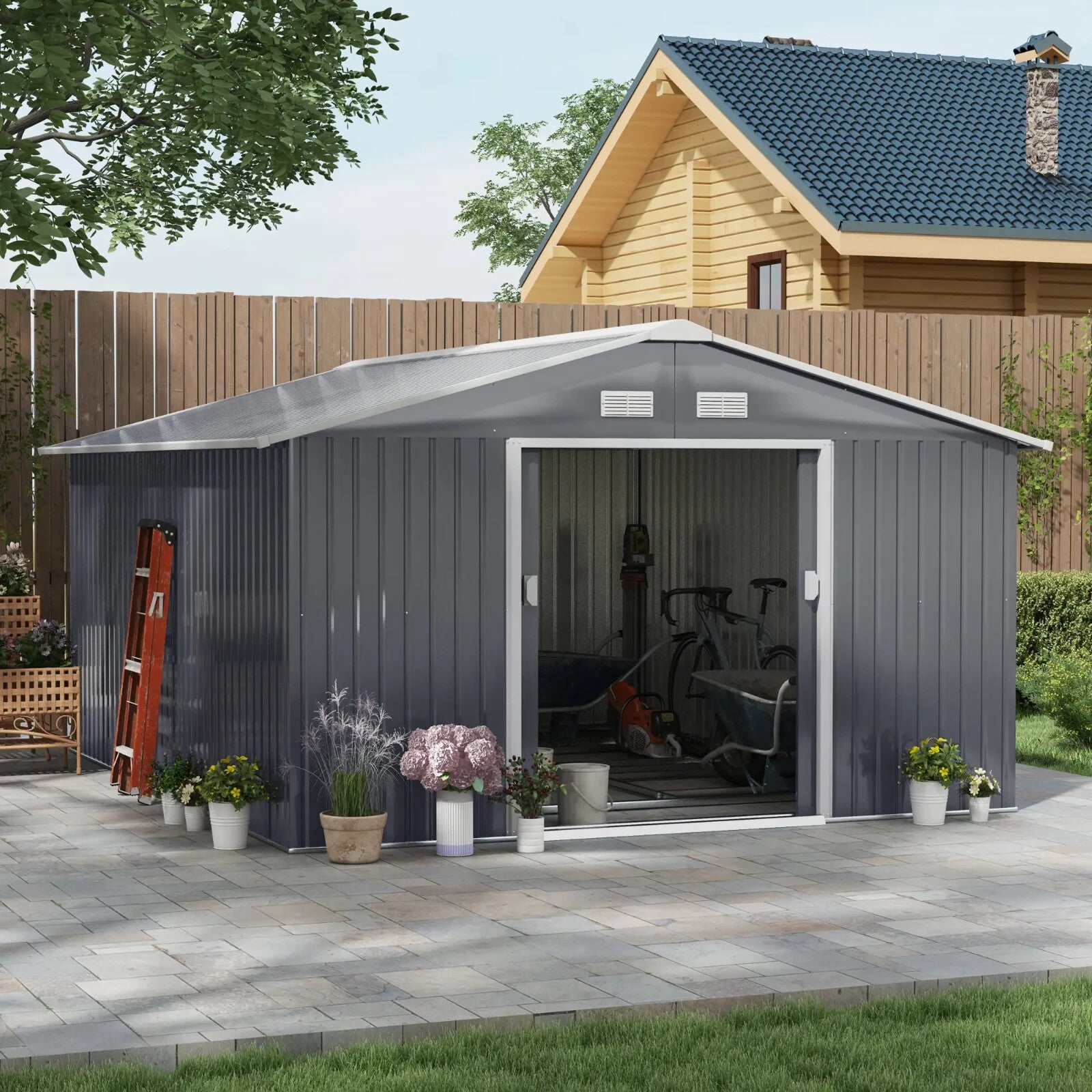 13 x 11 ft Metal Garden Storage Shed with Foundation Kit and Vents, Grey - Home and Garden Furniture Shop - rustic - furniture