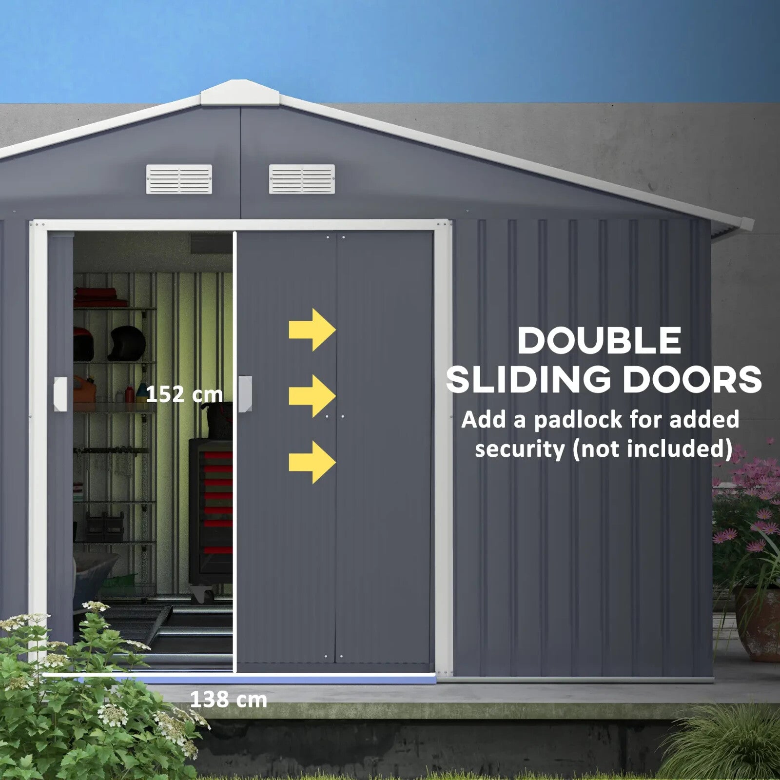 13 x 11 ft Metal Garden Storage Shed with Foundation Kit and Vents, Grey - Home and Garden Furniture Shop - rustic - furniture
