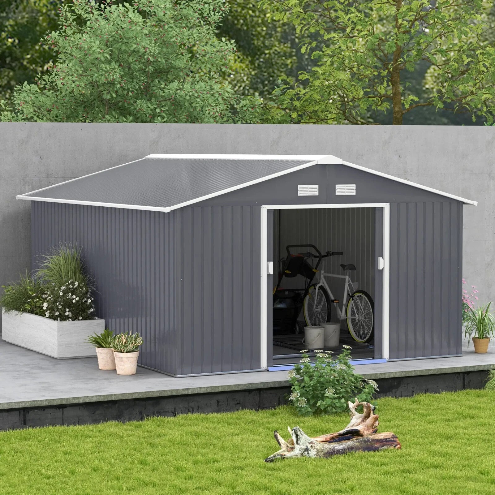 13 x 11 ft Metal Garden Storage Shed with Foundation Kit and Vents, Grey - Home and Garden Furniture Shop - rustic - furniture