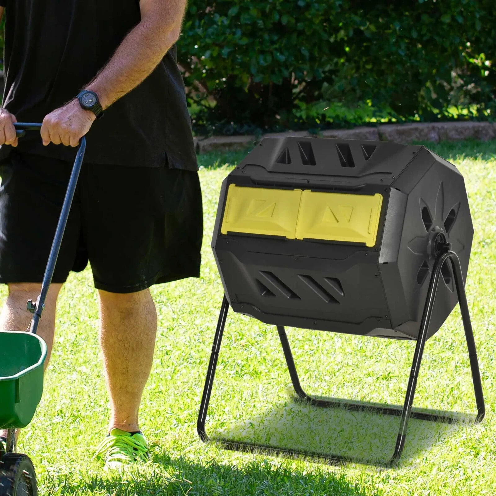 160L Rotating Garden Compost Bin Dual Chamber Tumbling Composter w/ Sliding Door - Home and Garden Furniture Shop - rustic - furniture