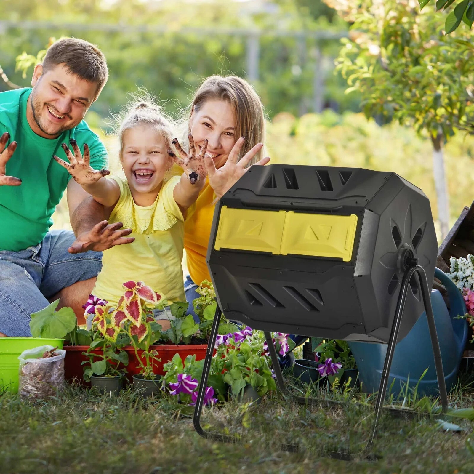 160L Rotating Garden Compost Bin Dual Chamber Tumbling Composter w/ Sliding Door - Home and Garden Furniture Shop - rustic - furniture