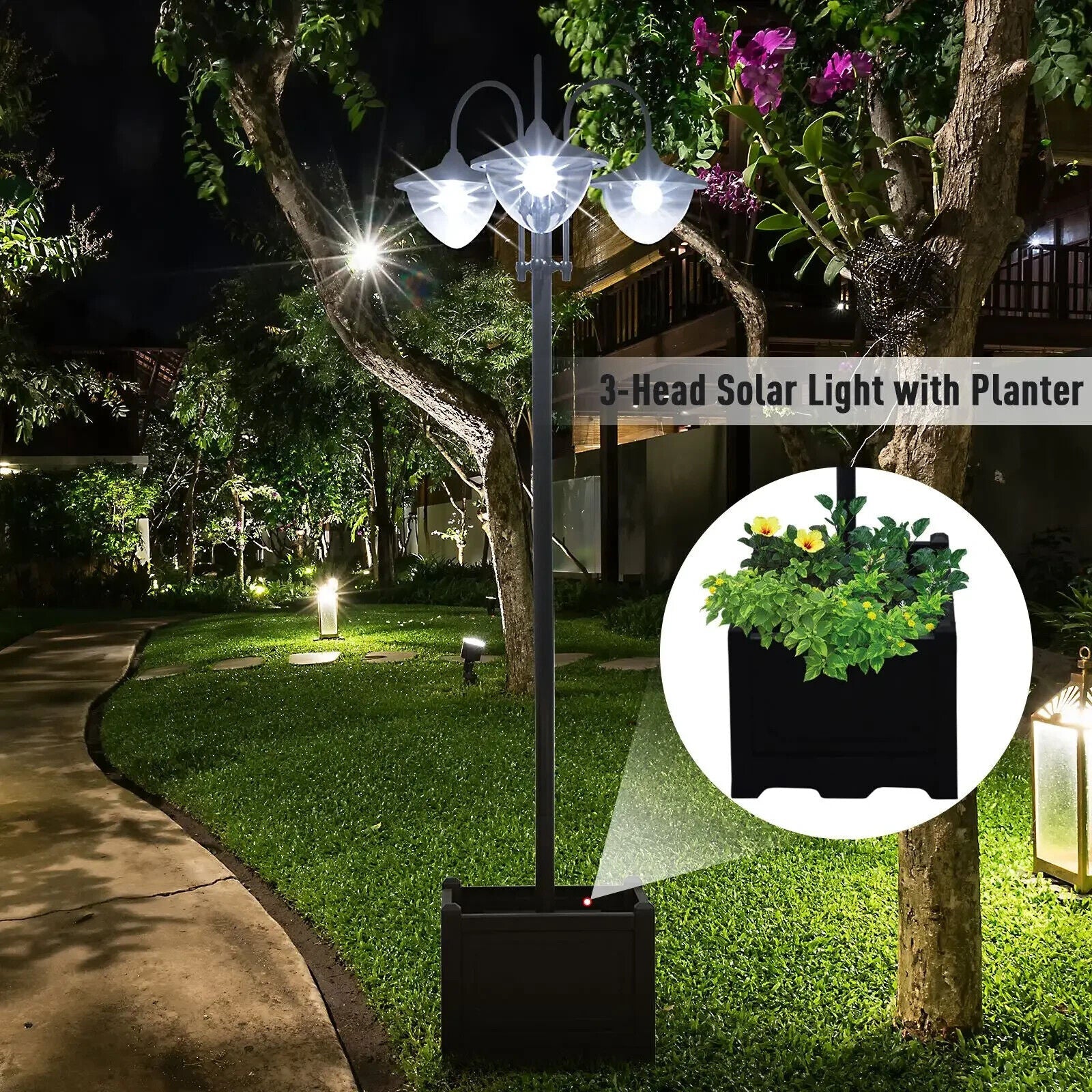 189cm Solar Lamp Post 3Head Street Light w/ Planter Outdoor LED Lighting Auto On - Home and Garden Furniture Shop - #rustic - furniture#