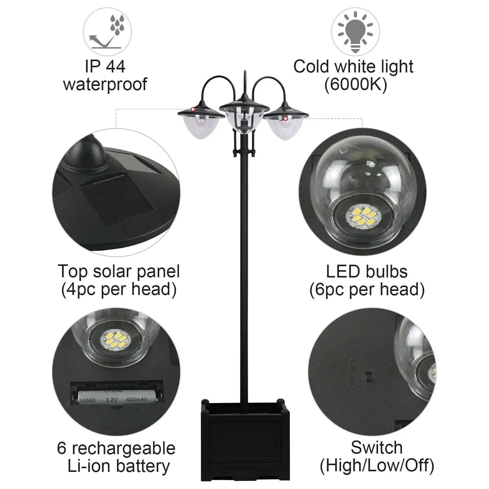 189cm Solar Lamp Post 3Head Street Light w/ Planter Outdoor LED Lighting Auto On - Home and Garden Furniture Shop - #rustic - furniture#