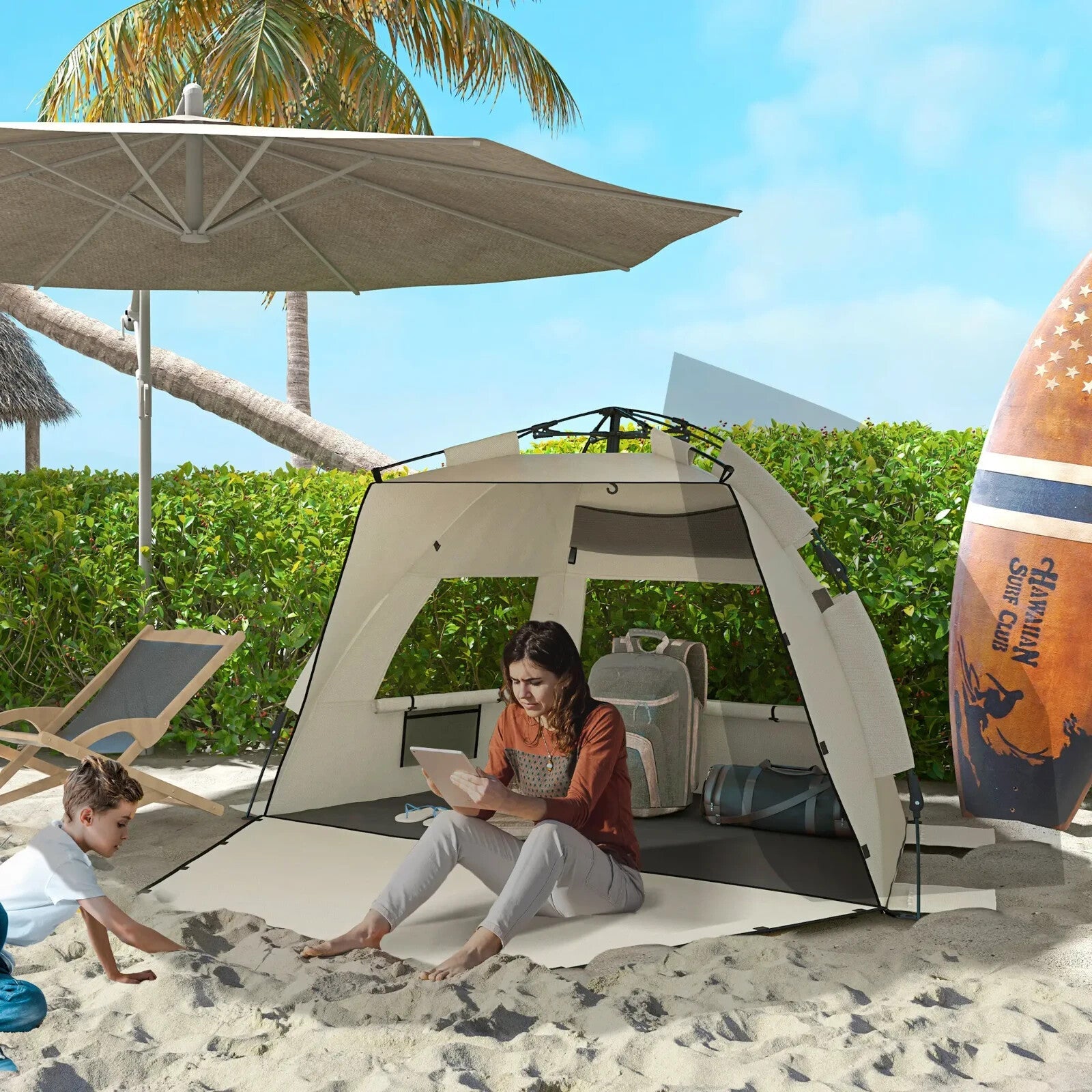 2 - 3 Person Pop Up Beach Tent Sun Shelter with Extended Floor Mesh and Carry Bag - Home and Garden Furniture Shop - rustic - furniture