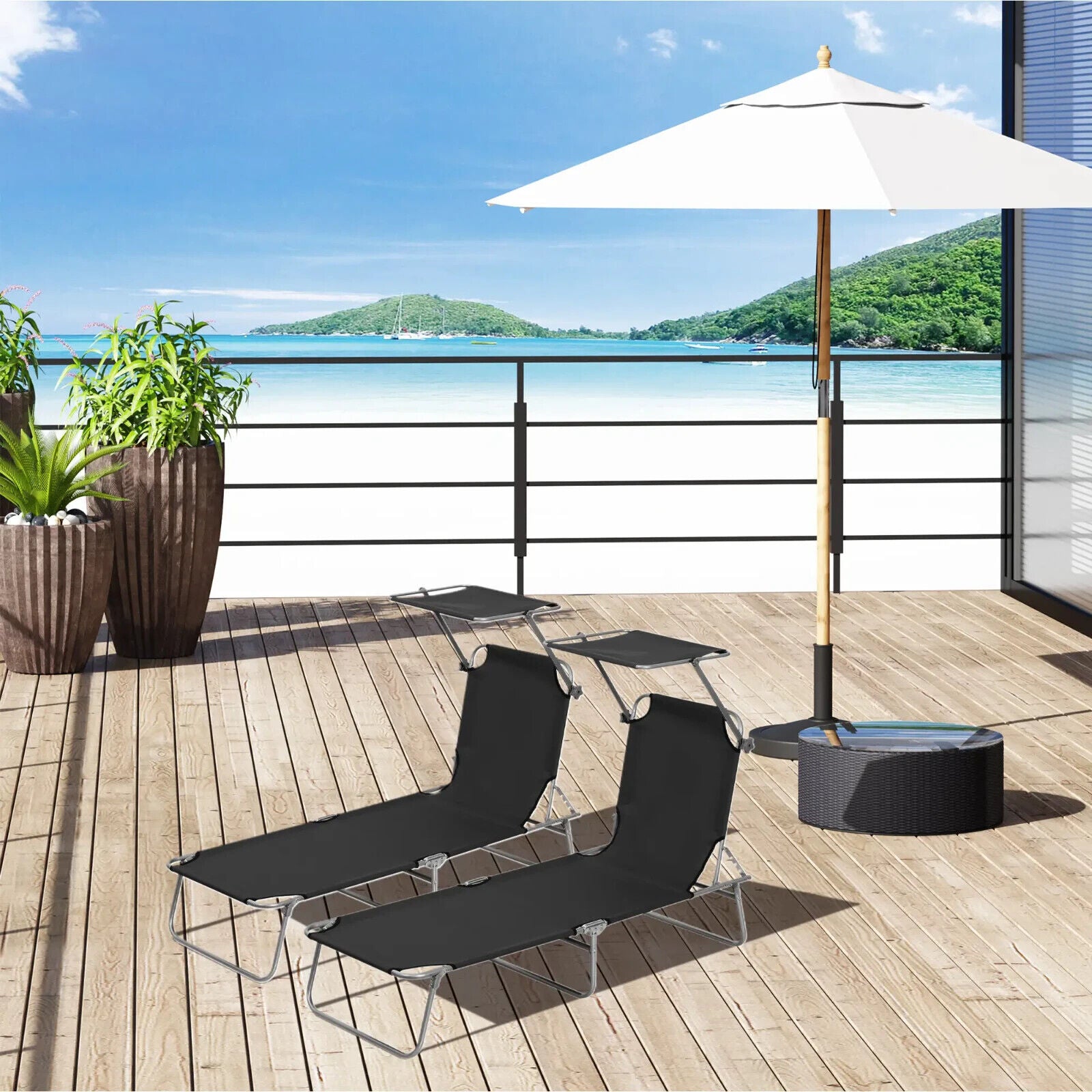 2 Foldable Outdoor Sun Loungers with Removable Shade Canopy & Patio Recliner Set - Home and Garden Furniture Shop - #rustic - furniture#