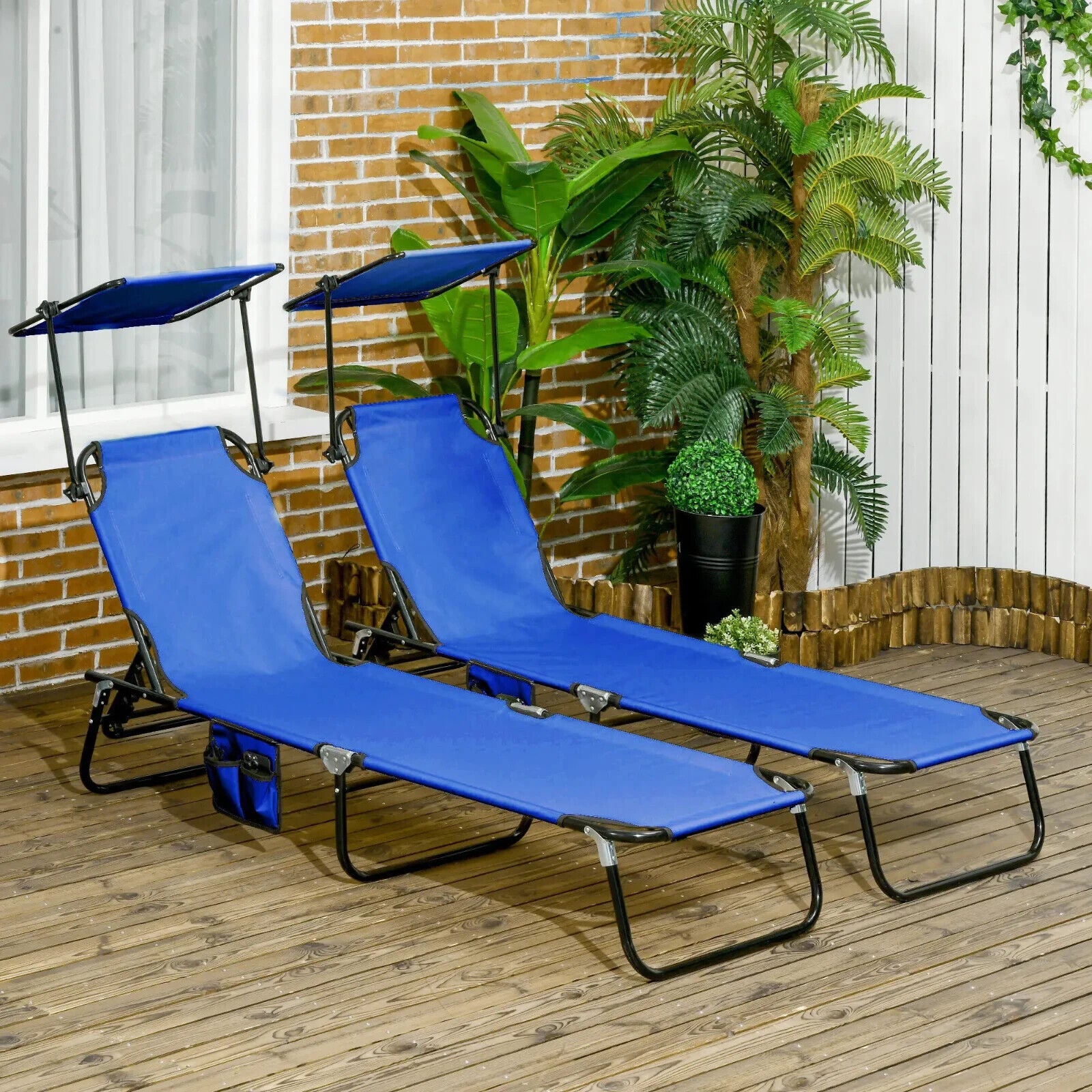 2 Folding Sun Loungers with Canopy Adjustable Reclining Chairs with Side Pockets - Home and Garden Furniture Shop - #rustic - furniture#