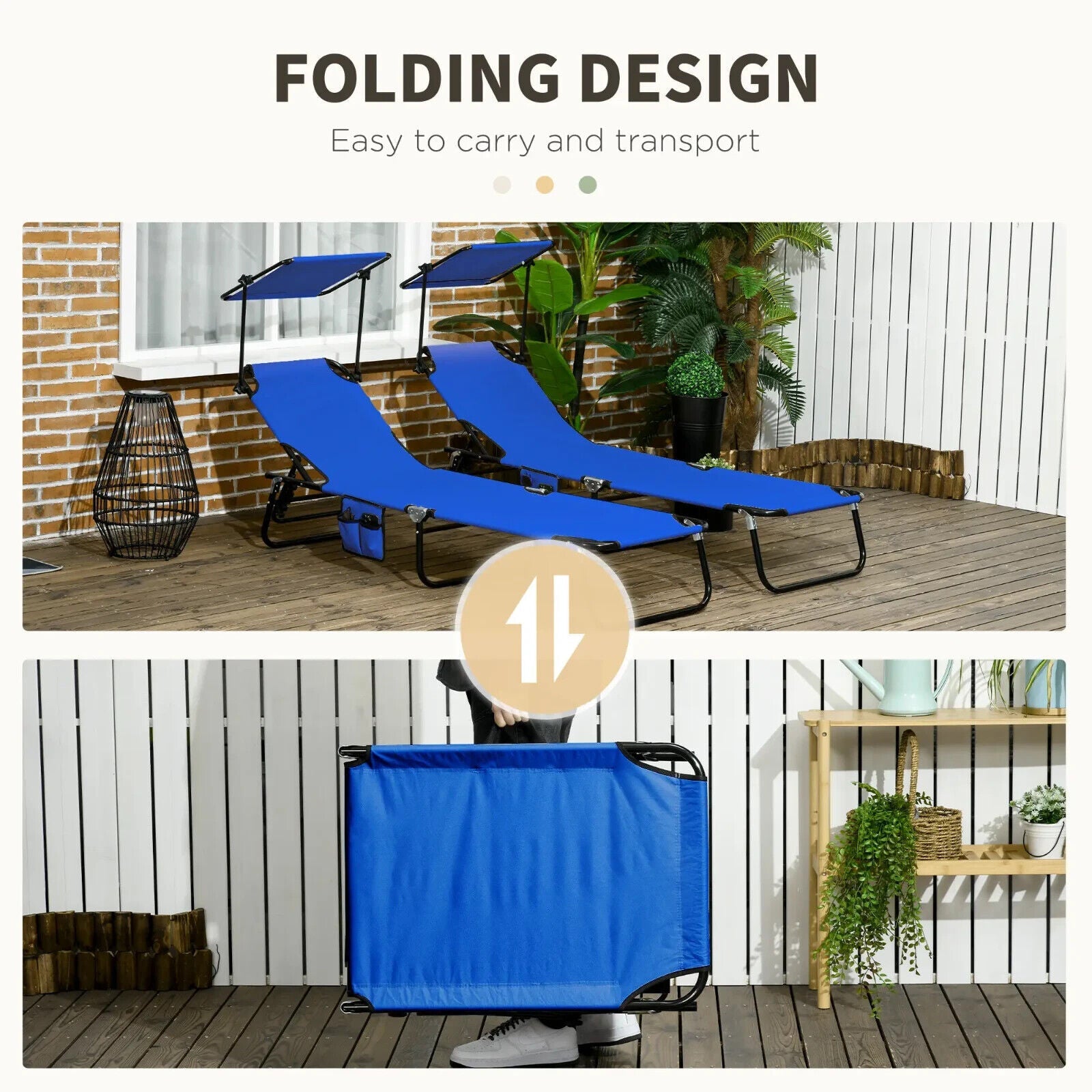 2 Folding Sun Loungers with Canopy Adjustable Reclining Chairs with Side Pockets - Home and Garden Furniture Shop - #rustic - furniture#