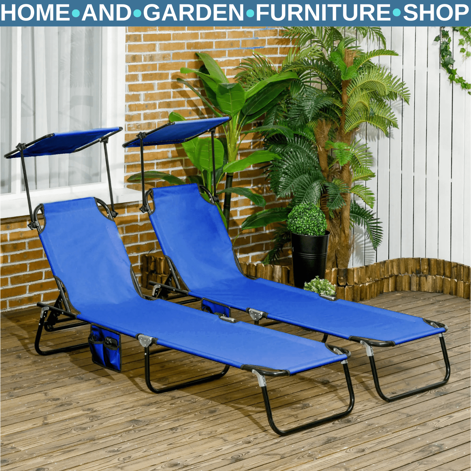 2 Folding Sun Loungers with Canopy Adjustable Reclining Chairs with Side Pockets - Home and Garden Furniture Shop - #rustic - furniture#
