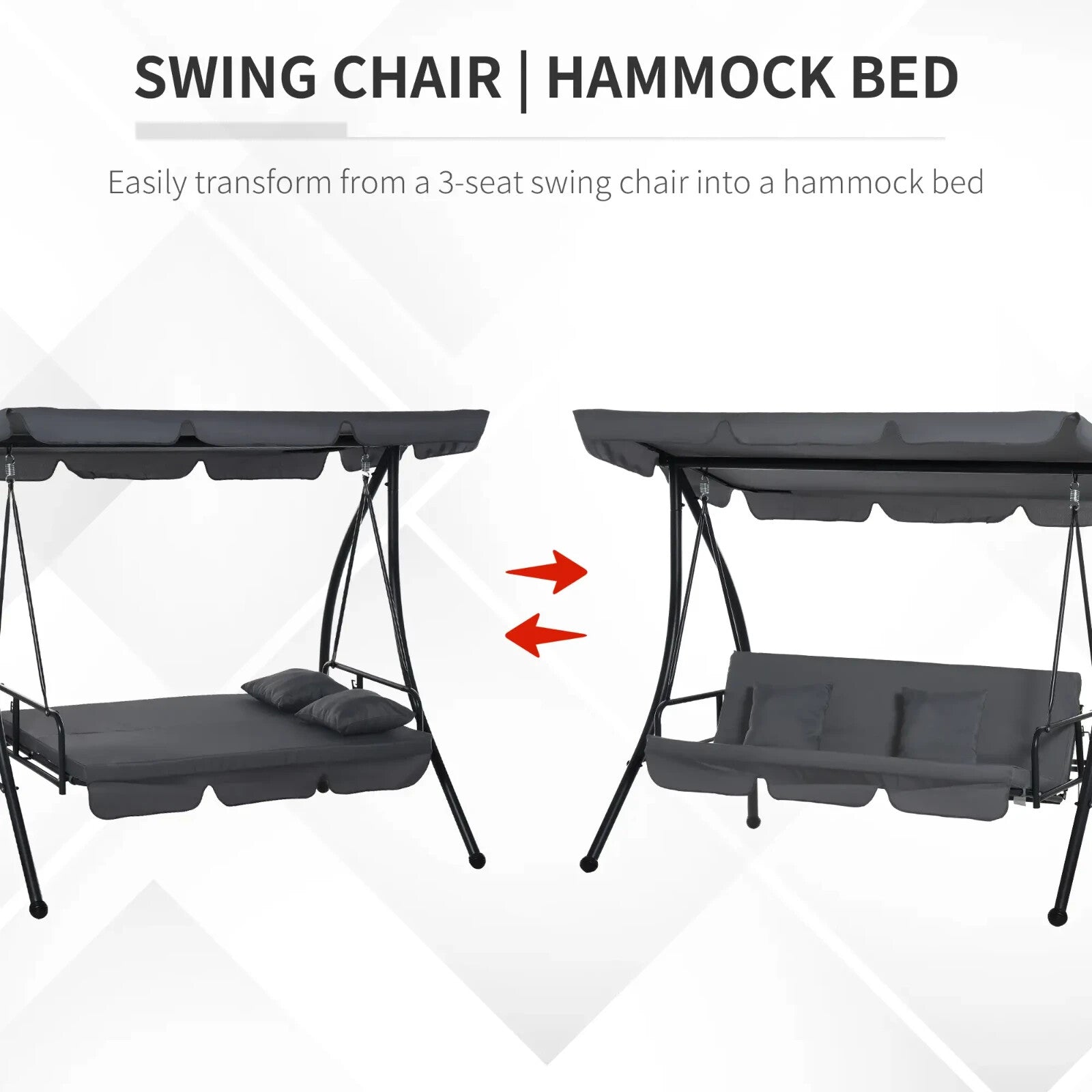 2 - in - 1 Hammock Swing Chair 3 Seater Powder Coated w/ Cushion & Canopy Dark Grey - Home and Garden Furniture Shop - #rustic - furniture#