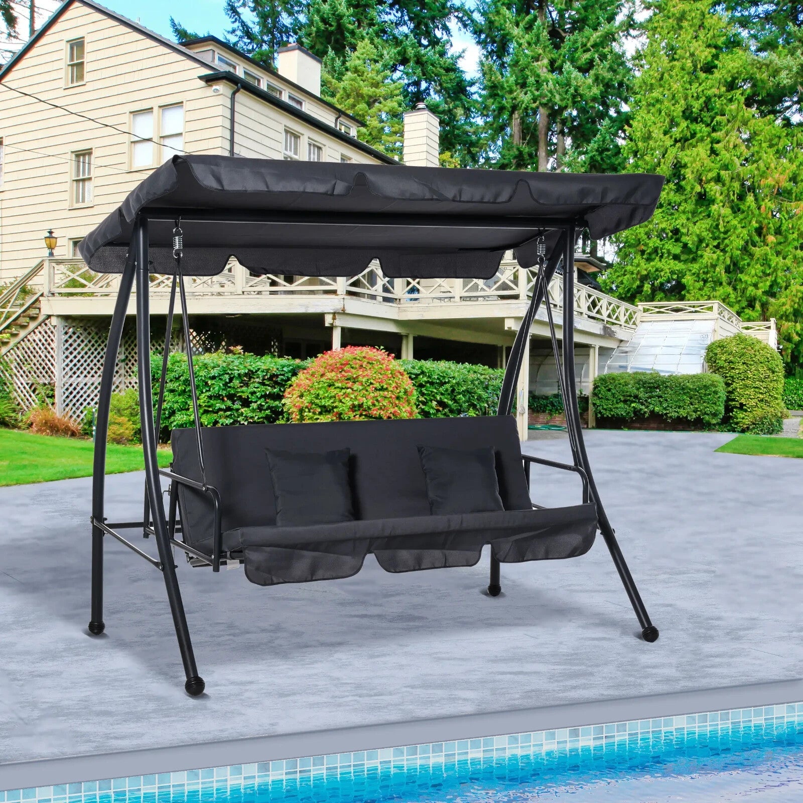2 - in - 1 Hammock Swing Chair 3 Seater Powder Coated w/ Cushion & Canopy Dark Grey - Home and Garden Furniture Shop - #rustic - furniture#