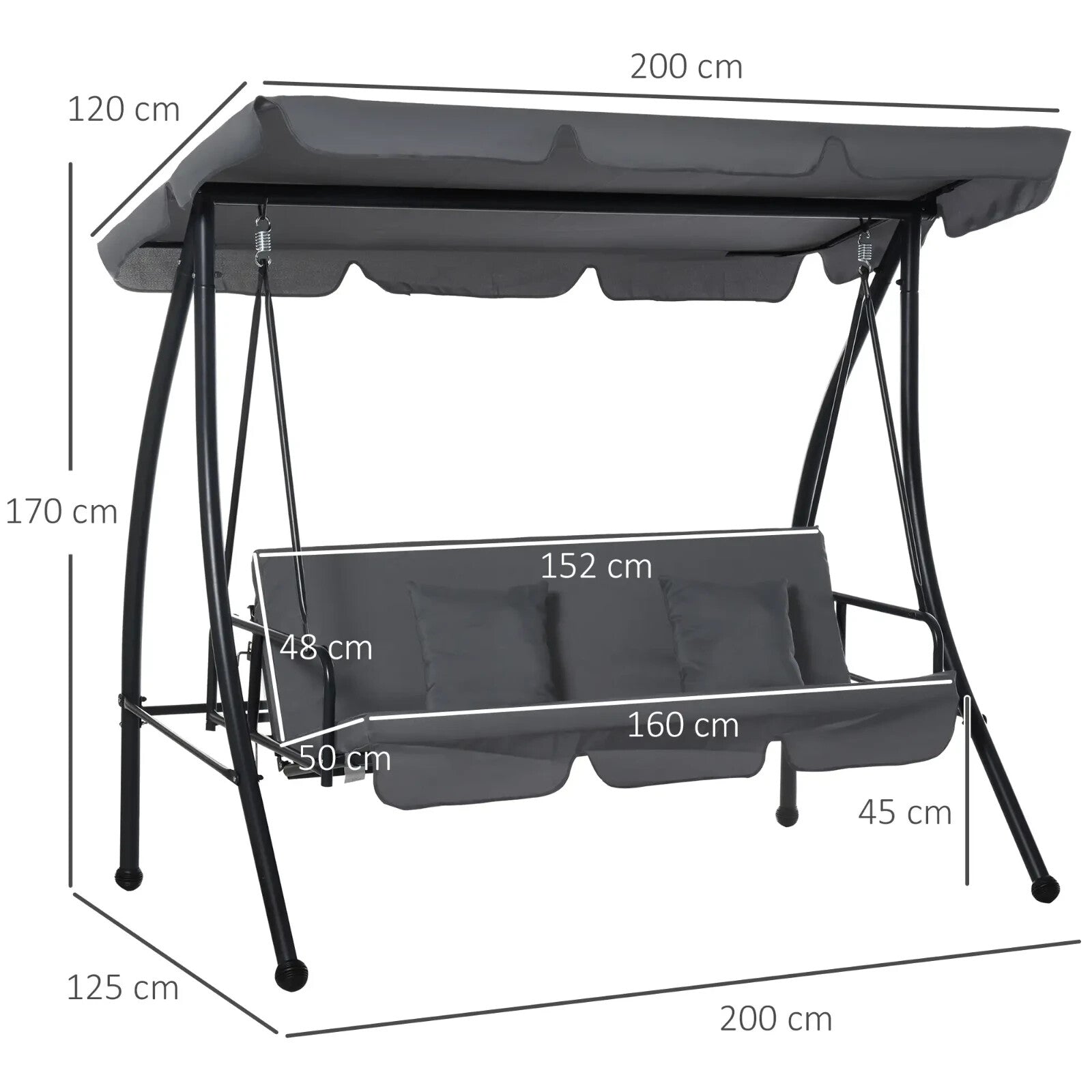 2 - in - 1 Hammock Swing Chair 3 Seater Powder Coated w/ Cushion & Canopy Dark Grey - Home and Garden Furniture Shop - #rustic - furniture#