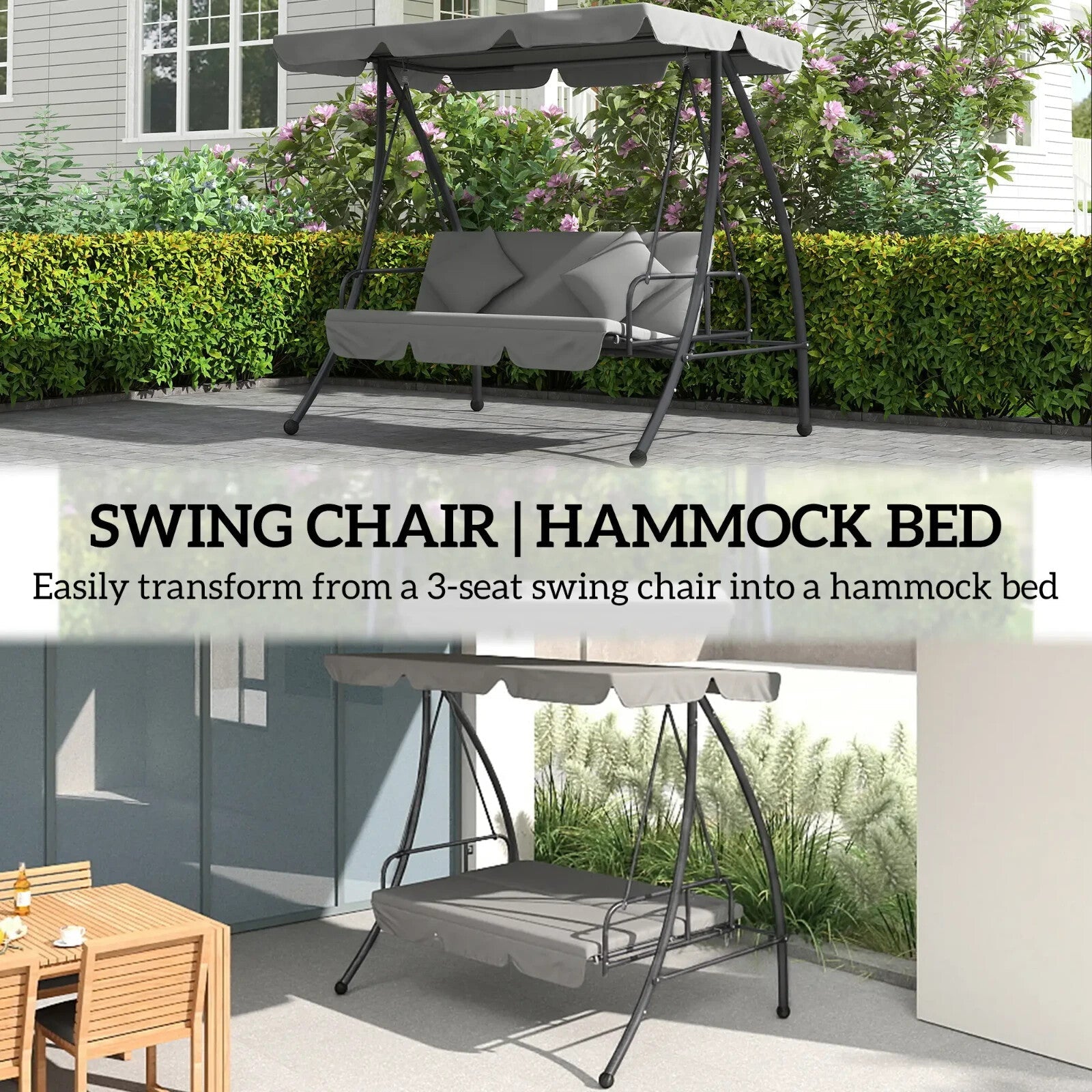 2 - in - 1 Hammock Swing Chair 3 - Seater Steel with Cushion & Tilt Canopy Light Grey - Home and Garden Furniture Shop - #rustic - furniture#