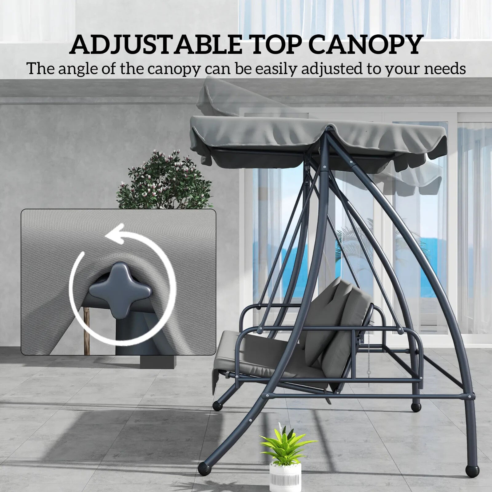 2 - in - 1 Hammock Swing Chair 3 - Seater Steel with Cushion & Tilt Canopy Light Grey - Home and Garden Furniture Shop - #rustic - furniture#