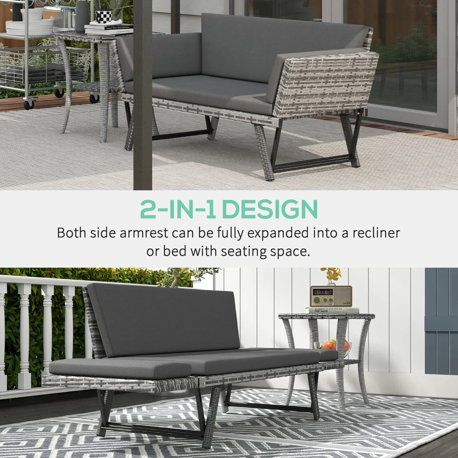 2 in 1 Rattan Folding Daybed Sofa Bench Garden Chaise Lounger with Cushion - Home and Garden Furniture Shop - rustic - furniture
