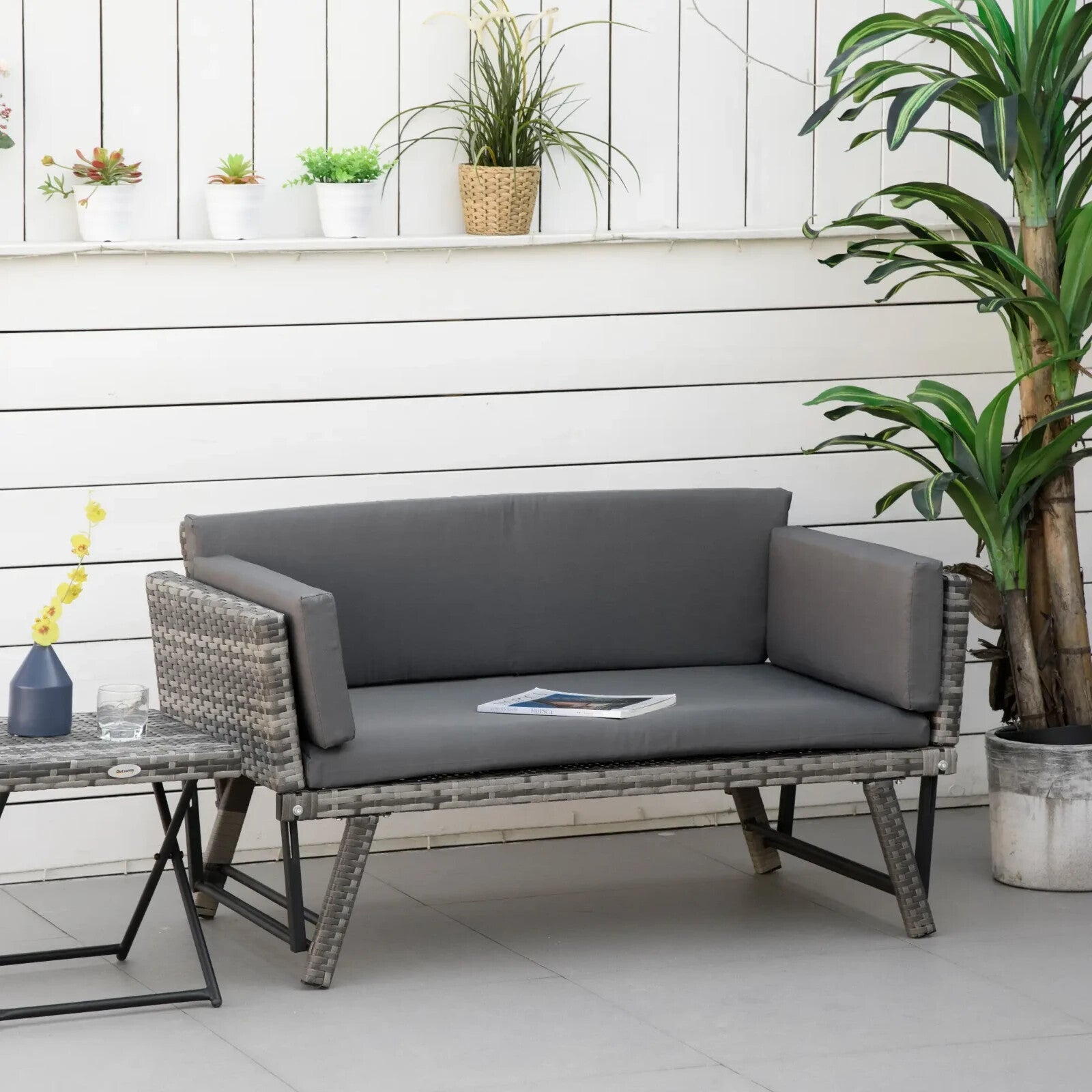 2 in 1 Rattan Folding Daybed Sofa Bench Garden Chaise Lounger with Cushion - Home and Garden Furniture Shop - rustic - furniture
