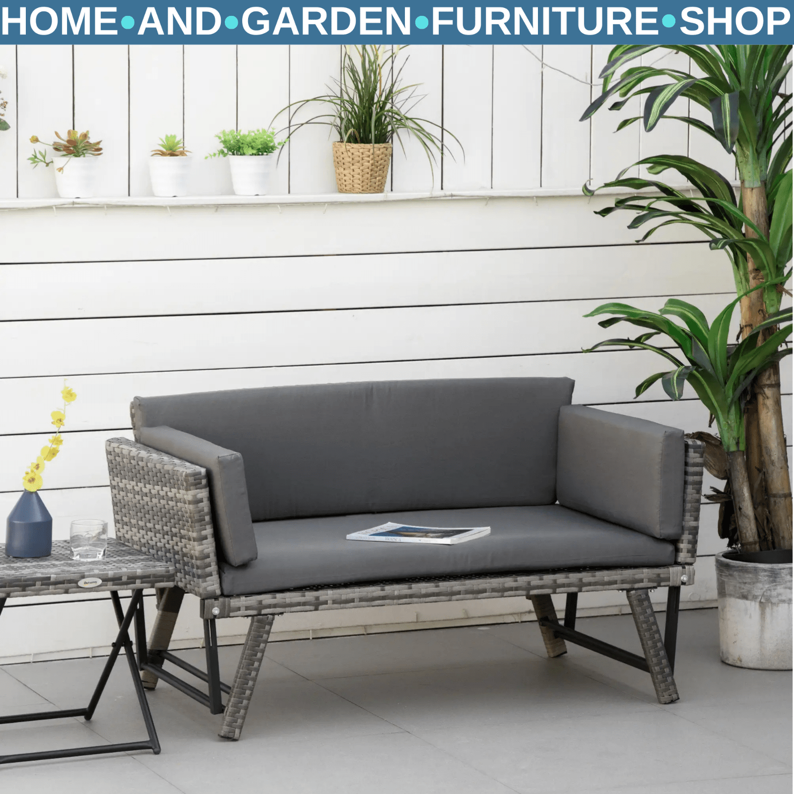 2 in 1 Rattan Folding Daybed Sofa Bench Garden Chaise Lounger with Cushion - Home and Garden Furniture Shop - rustic - furniture