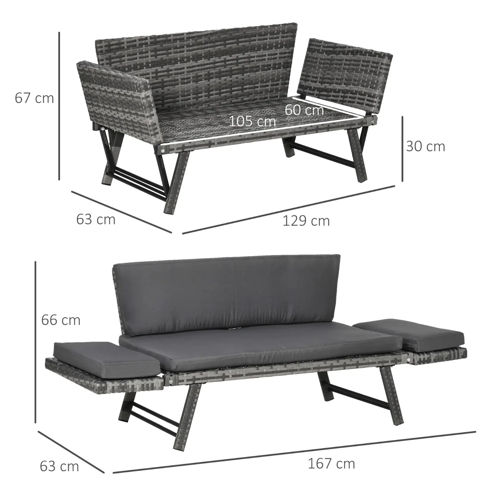 2 in 1 Rattan Folding Daybed Sofa Bench Garden Chaise Lounger with Cushion - Home and Garden Furniture Shop - rustic - furniture