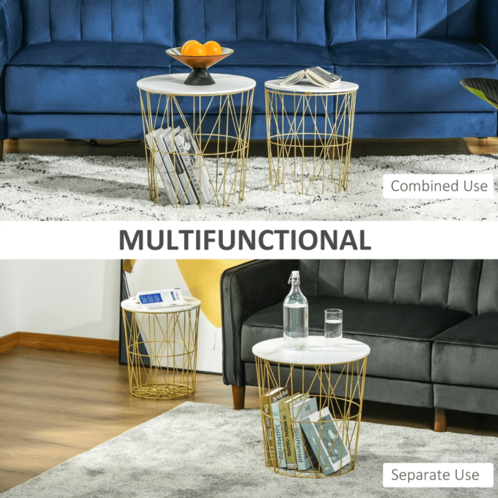 2 Nesting Tables Set Side Tables Soda End Stands Removable Lid Gold Metal Legs - Home and Garden Furniture Shop - #rustic - furniture#