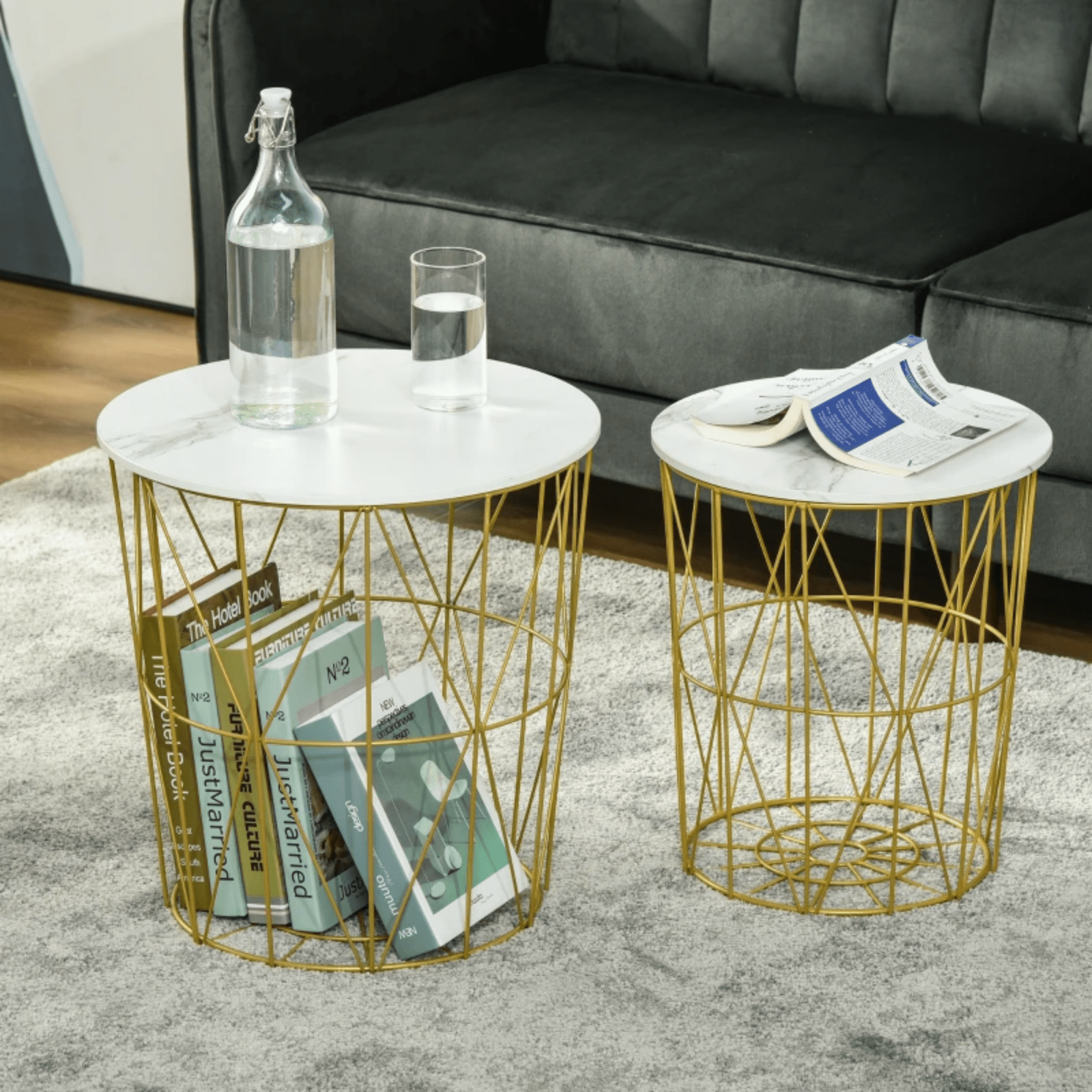 2 Nesting Tables Set Side Tables Soda End Stands Removable Lid Gold Metal Legs - Home and Garden Furniture Shop - #rustic - furniture#