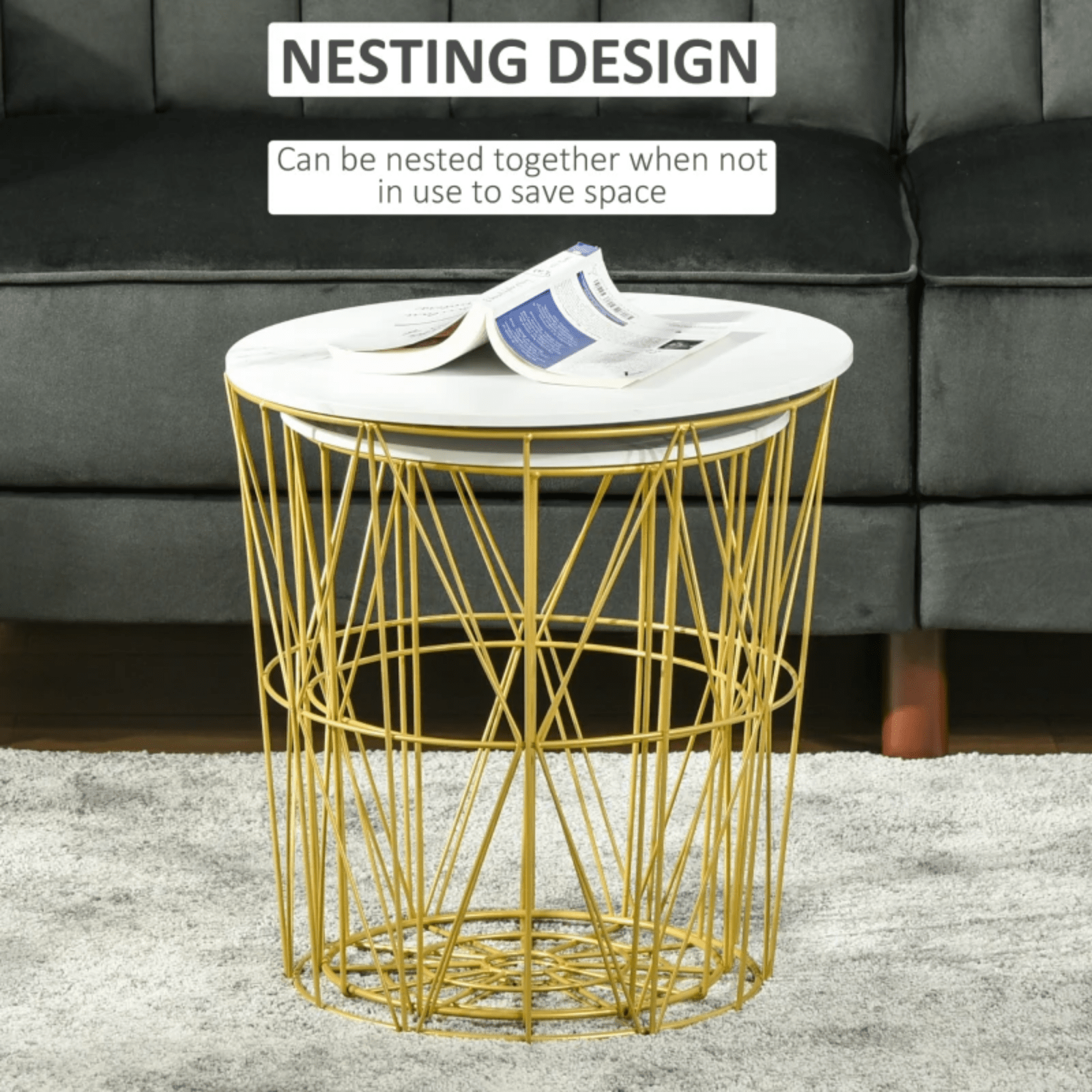 2 Nesting Tables Set Side Tables Soda End Stands Removable Lid Gold Metal Legs - Home and Garden Furniture Shop - #rustic - furniture#