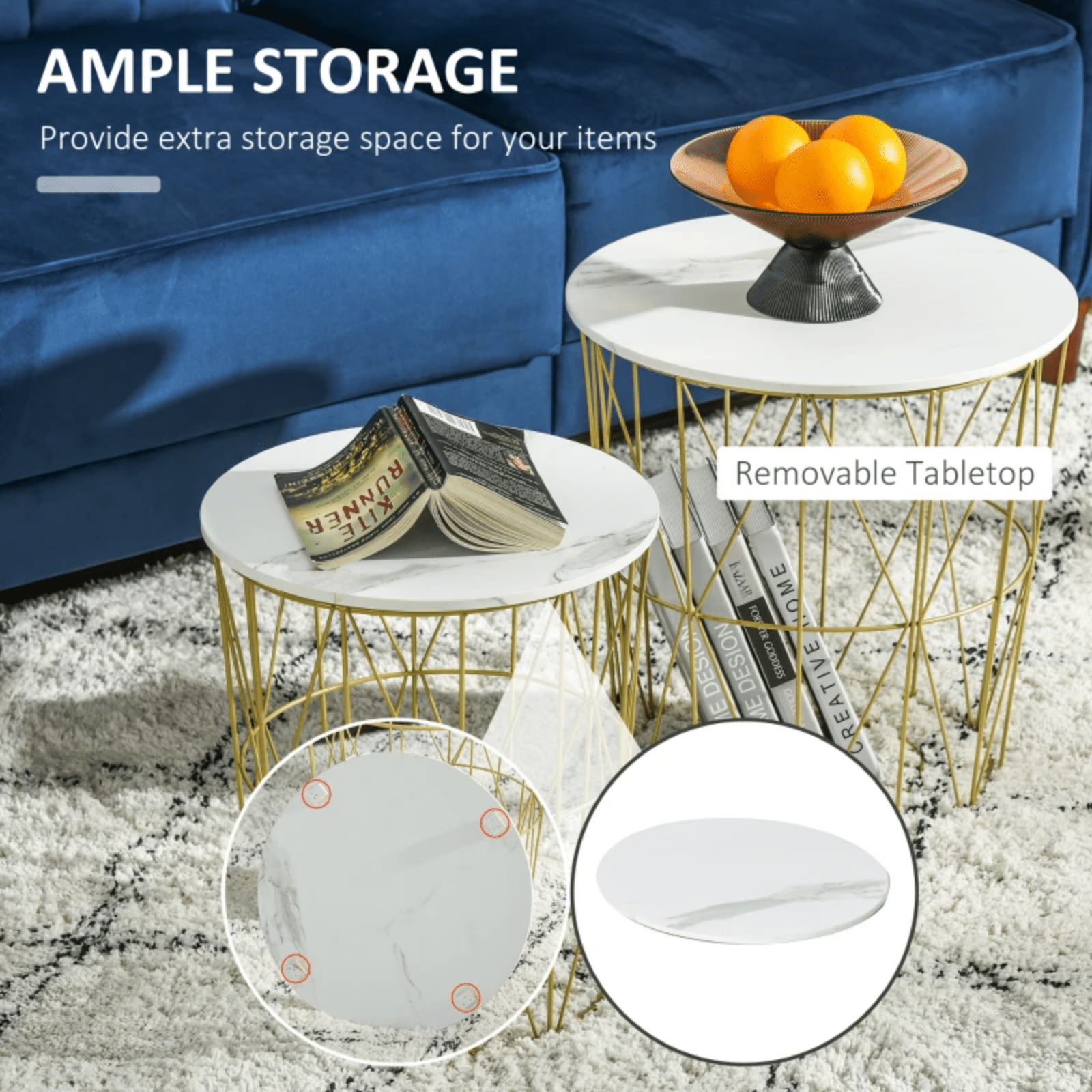 2 Nesting Tables Set Side Tables Soda End Stands Removable Lid Gold Metal Legs - Home and Garden Furniture Shop - #rustic - furniture#