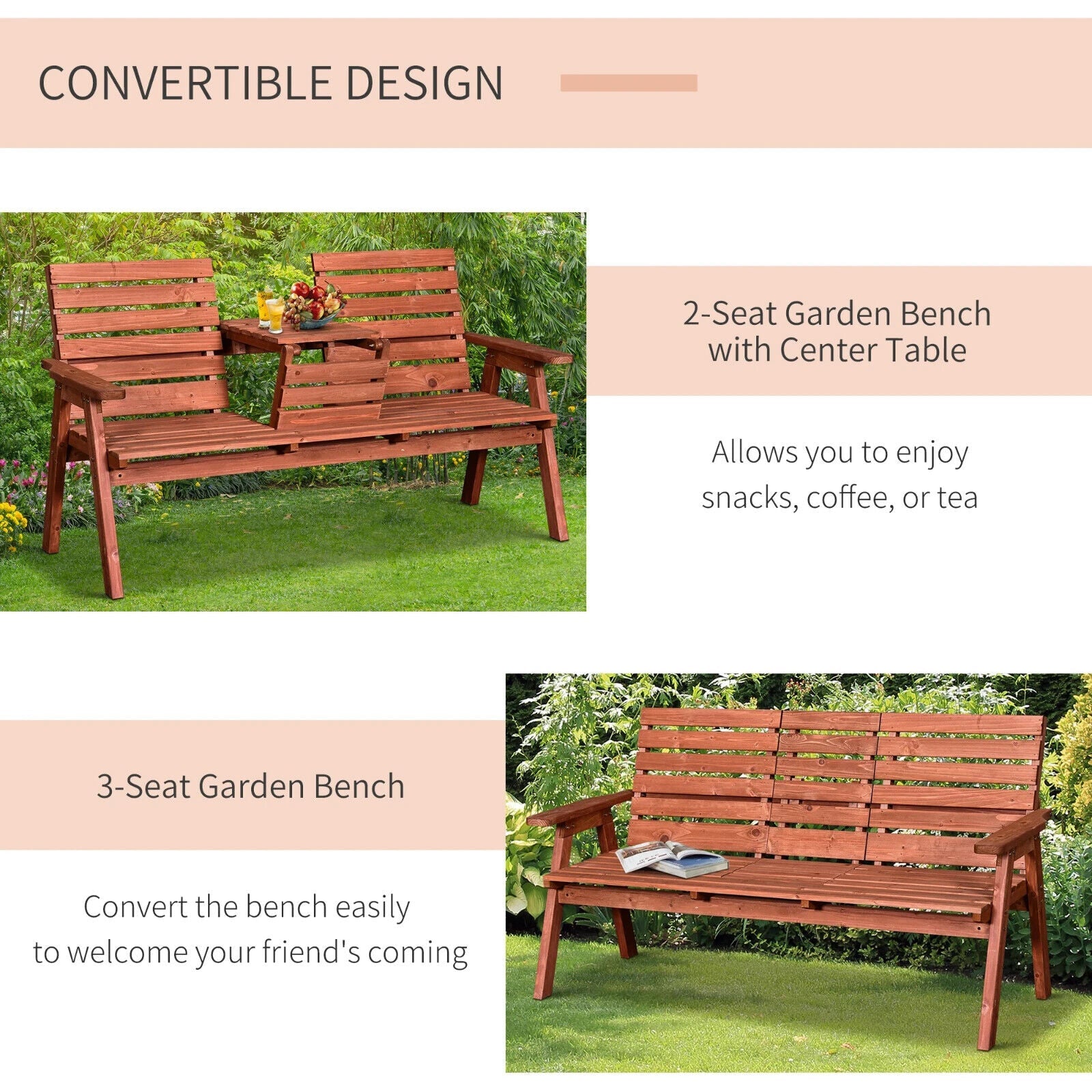 2 or 3 Seater Wooden Garden Bench Convertable Table w/ Armrests Patio Bench Seat - Home and Garden Furniture Shop - #rustic - furniture#