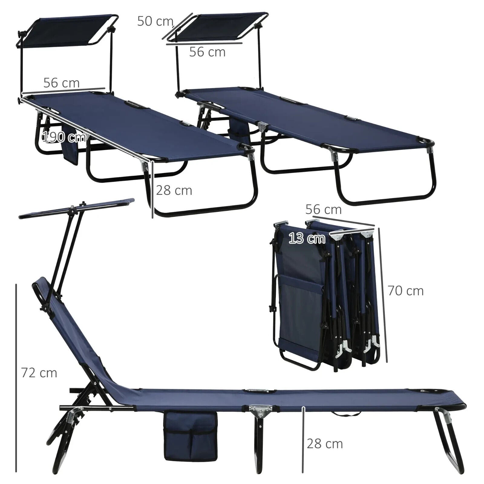 2 Pcs Folding Sun Loungers with Canopy Adjustable Recliner Chairs for Garden Use - Home and Garden Furniture Shop - #rustic - furniture#