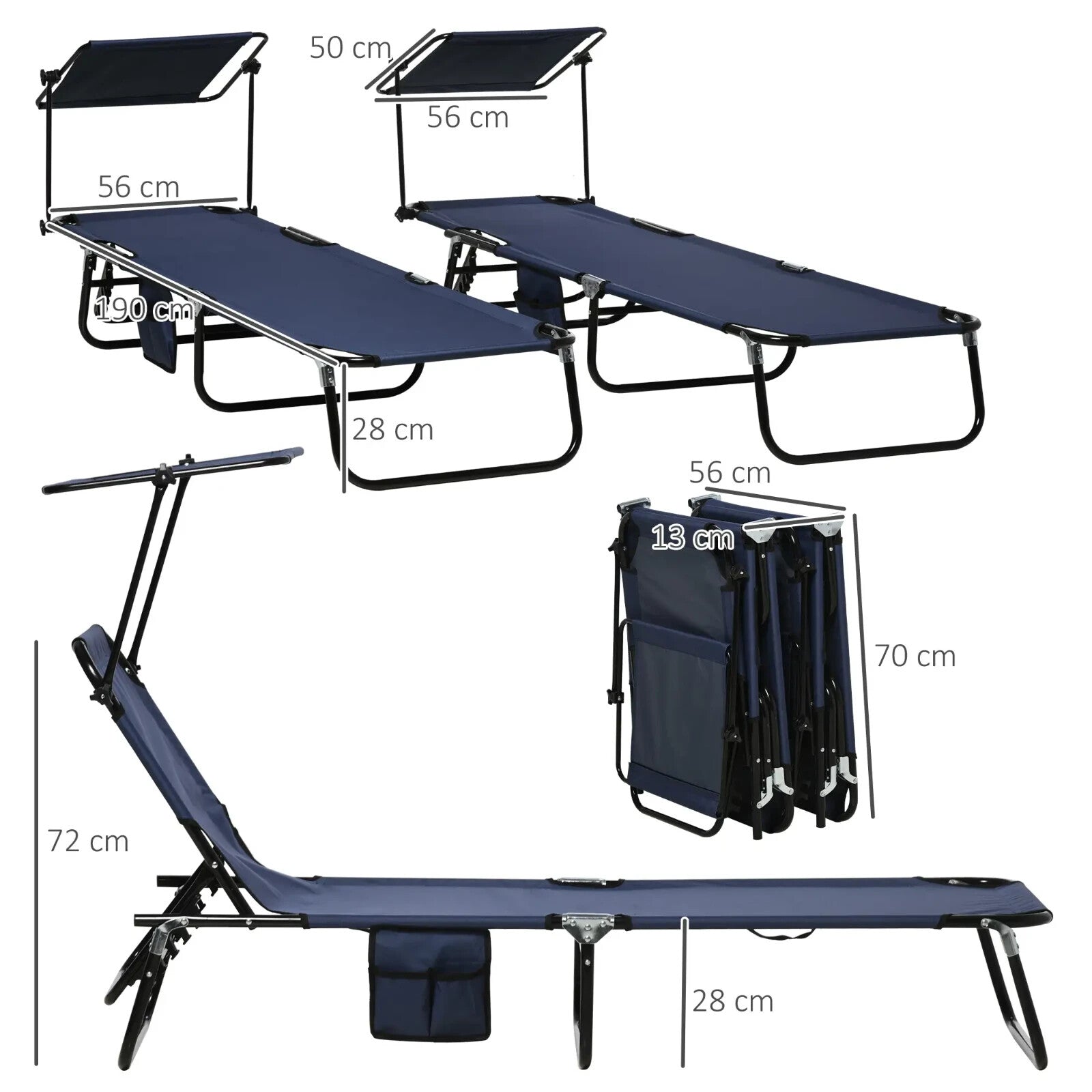 2 Pcs Folding Sun Loungers with Canopy Adjustable Recliner Chairs for Garden Use - Home and Garden Furniture Shop - rustic - furniture