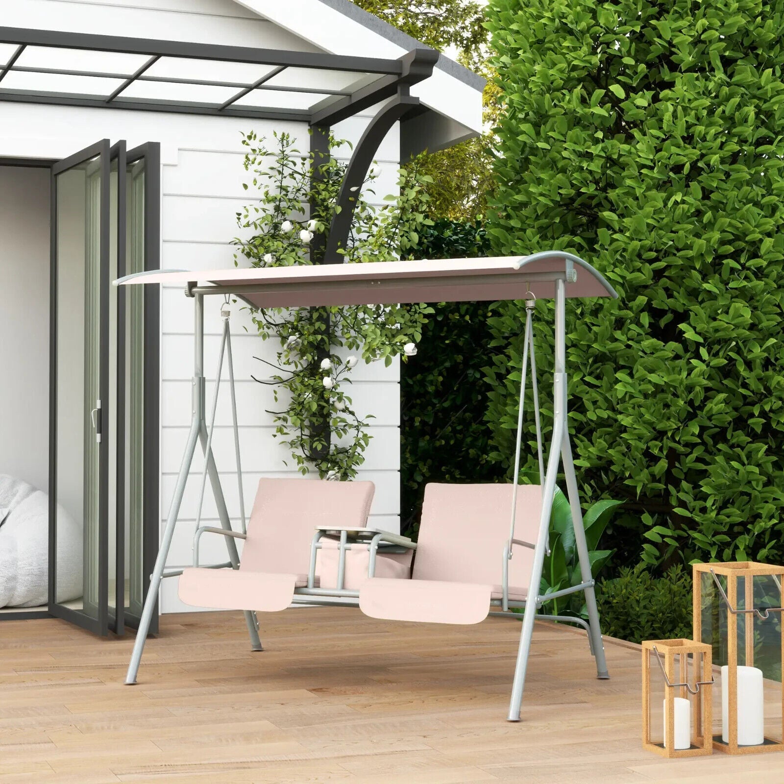 2 Person Patio Swing Chair Bench Canopy Shade Pivot Table Storage Console Beige - Home and Garden Furniture Shop - #rustic - furniture#