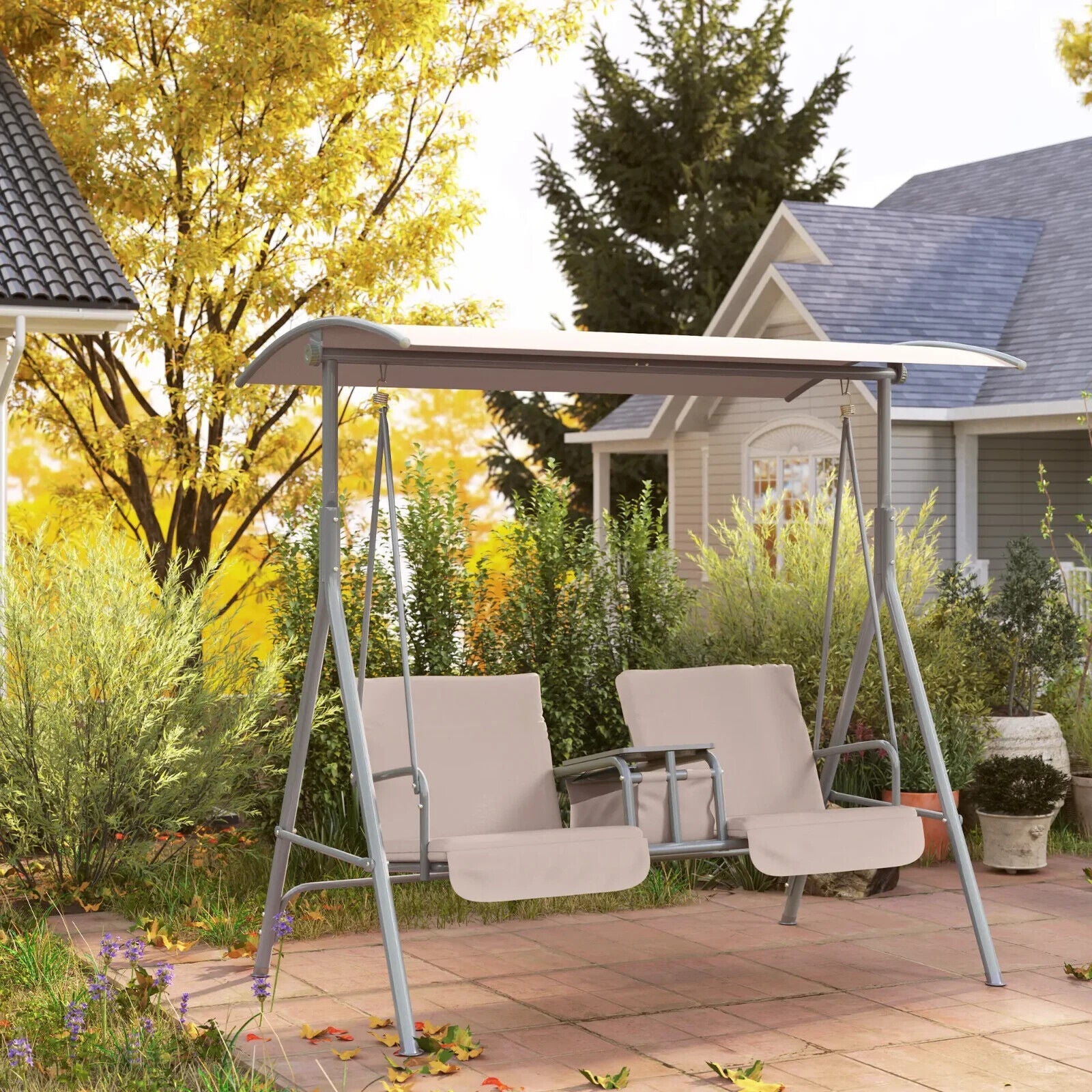 2 Person Patio Swing Chair Bench Canopy Shade Pivot Table Storage Console Beige - Home and Garden Furniture Shop - #rustic - furniture#