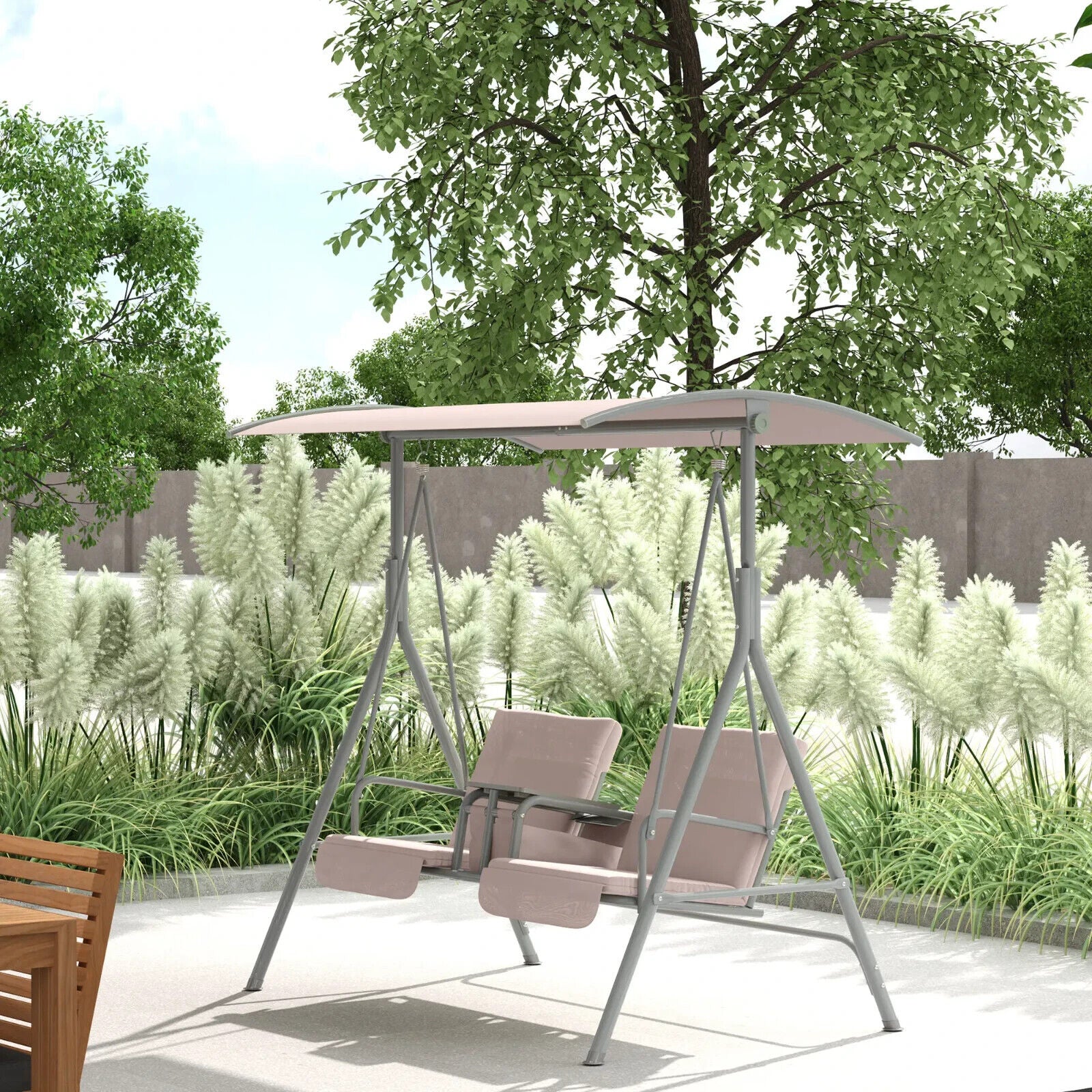 2 Person Patio Swing Chair Bench Canopy Shade Pivot Table Storage Console Beige - Home and Garden Furniture Shop - #rustic - furniture#
