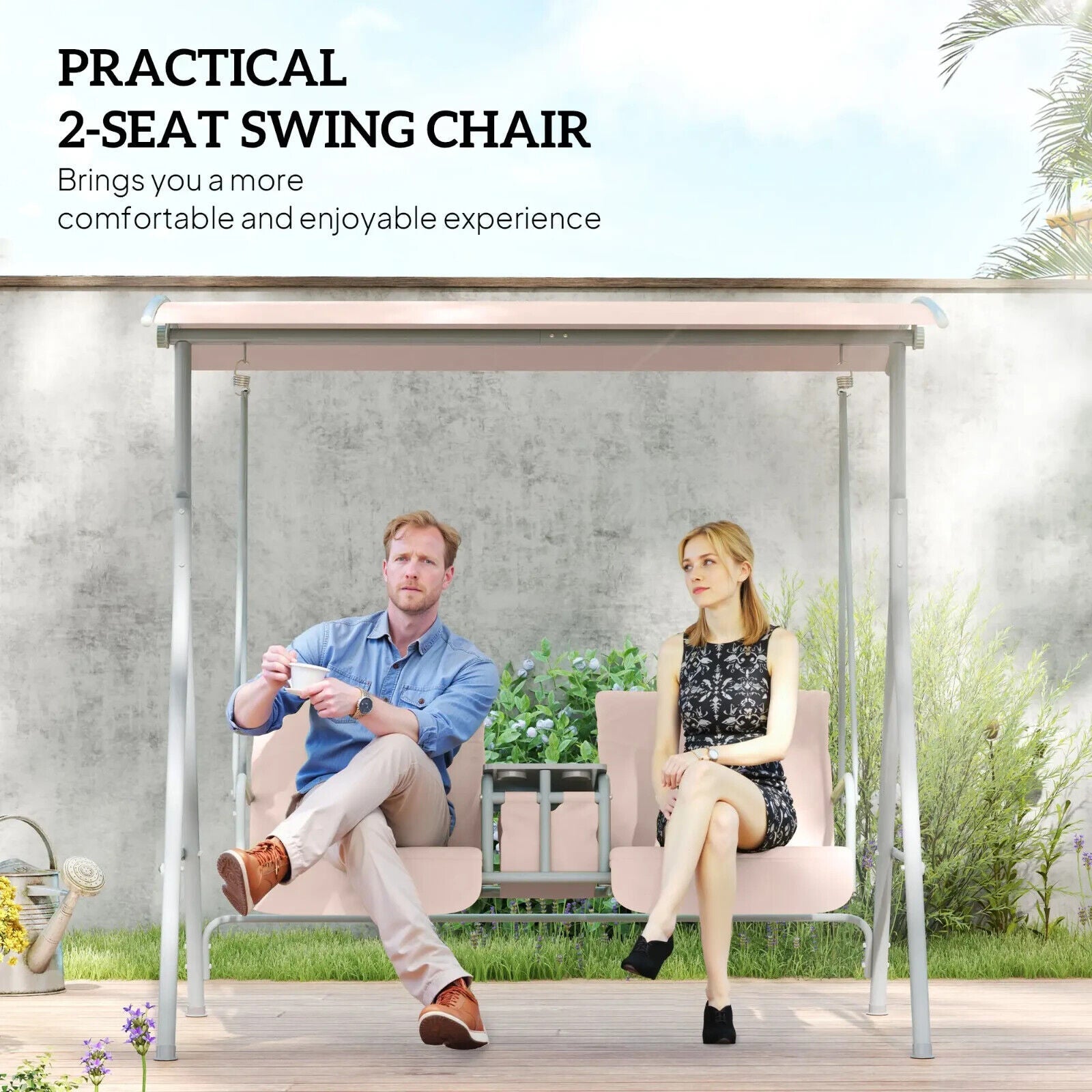 2 Person Patio Swing Chair Bench Canopy Shade Pivot Table Storage Console Beige - Home and Garden Furniture Shop - #rustic - furniture#