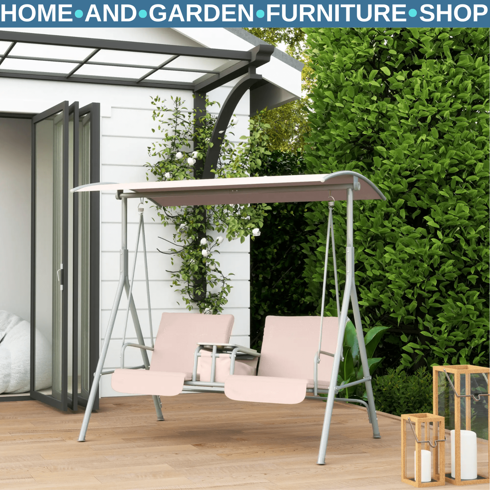 2 Person Patio Swing Chair Bench Canopy Shade Pivot Table Storage Console Beige - Home and Garden Furniture Shop - #rustic - furniture#