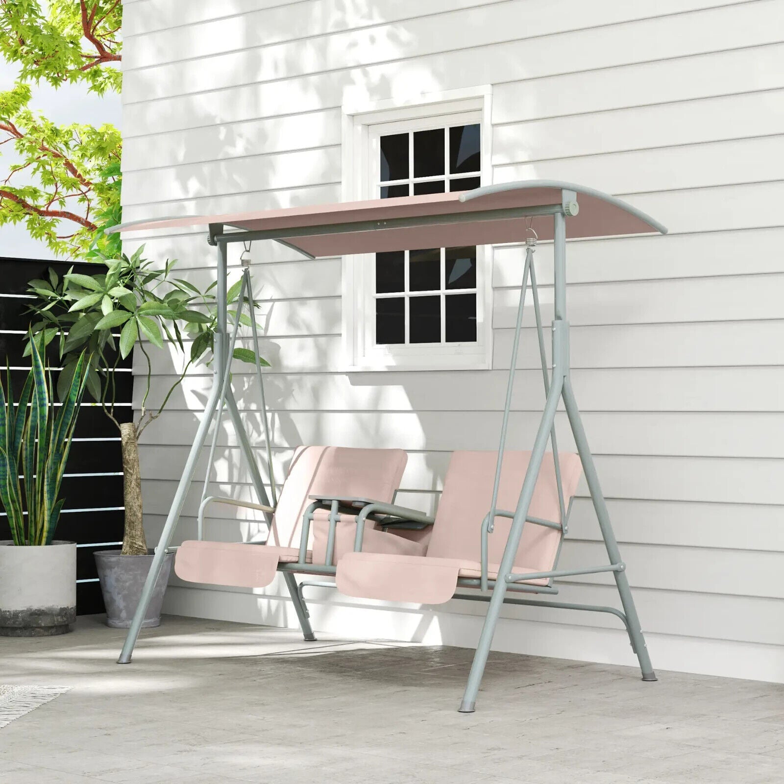 2 Person Patio Swing Chair Bench Canopy Shade Pivot Table Storage Console Beige - Home and Garden Furniture Shop - #rustic - furniture#