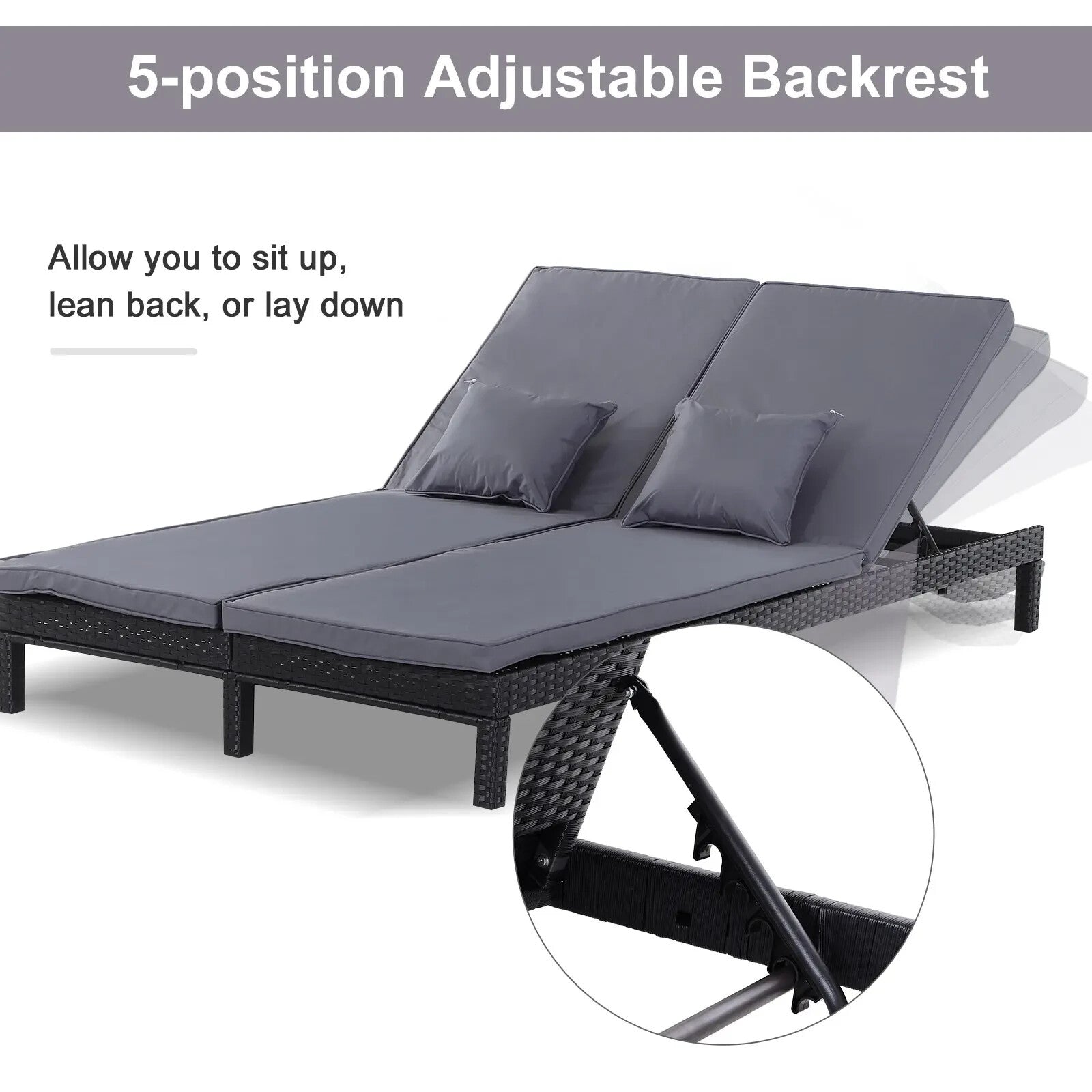 2 Person Rattan Double Sun Lounger Chair w/ Cushions & Adjustable Backrest Black - Home and Garden Furniture Shop - rustic - furniture