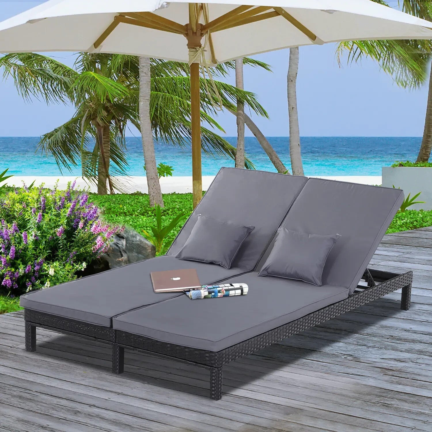 2 Person Rattan Double Sun Lounger Chair w/ Cushions & Adjustable Backrest Black - Home and Garden Furniture Shop - rustic - furniture