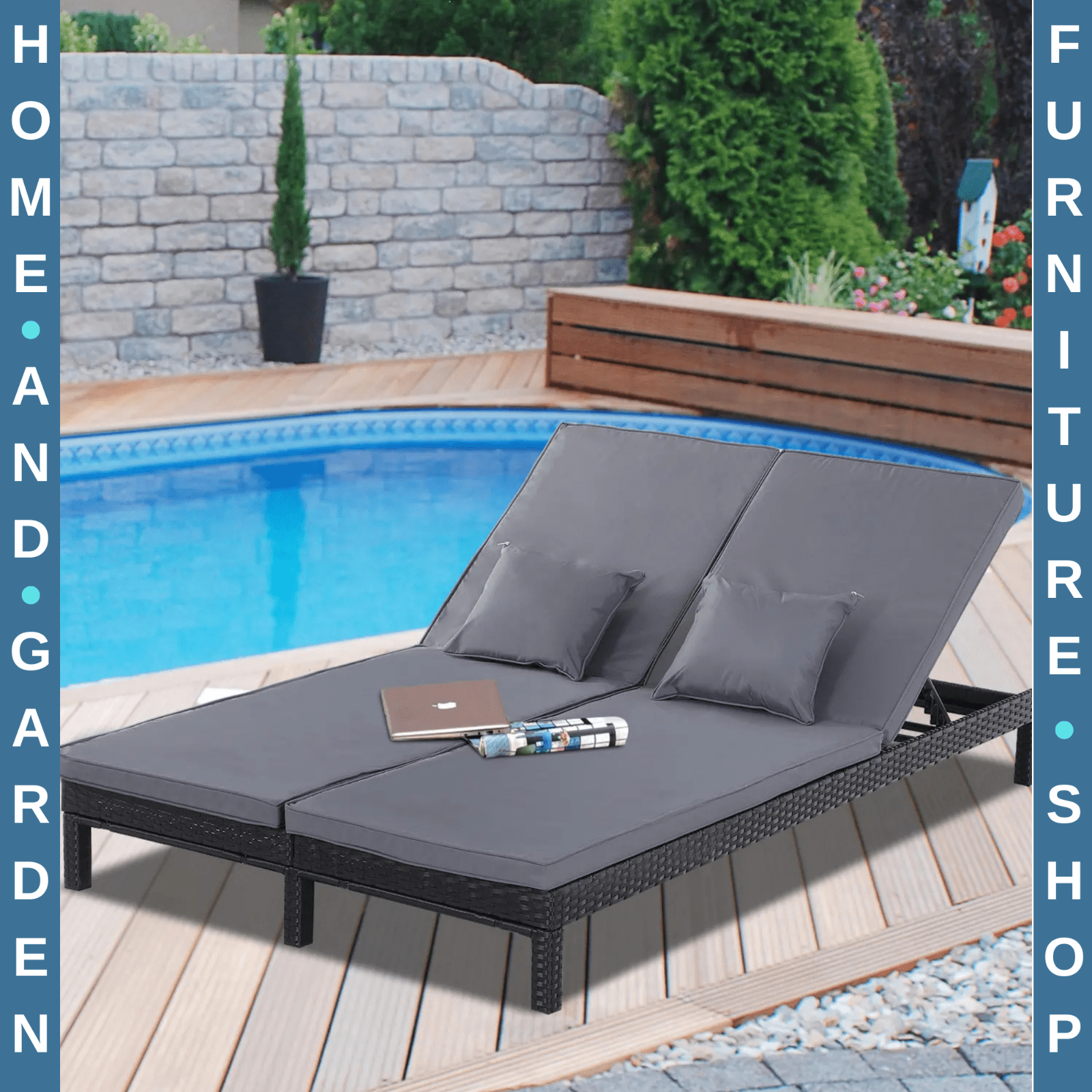 2 Person Rattan Double Sun Lounger Chair w/ Cushions & Adjustable Backrest Black - Home and Garden Furniture Shop - rustic - furniture