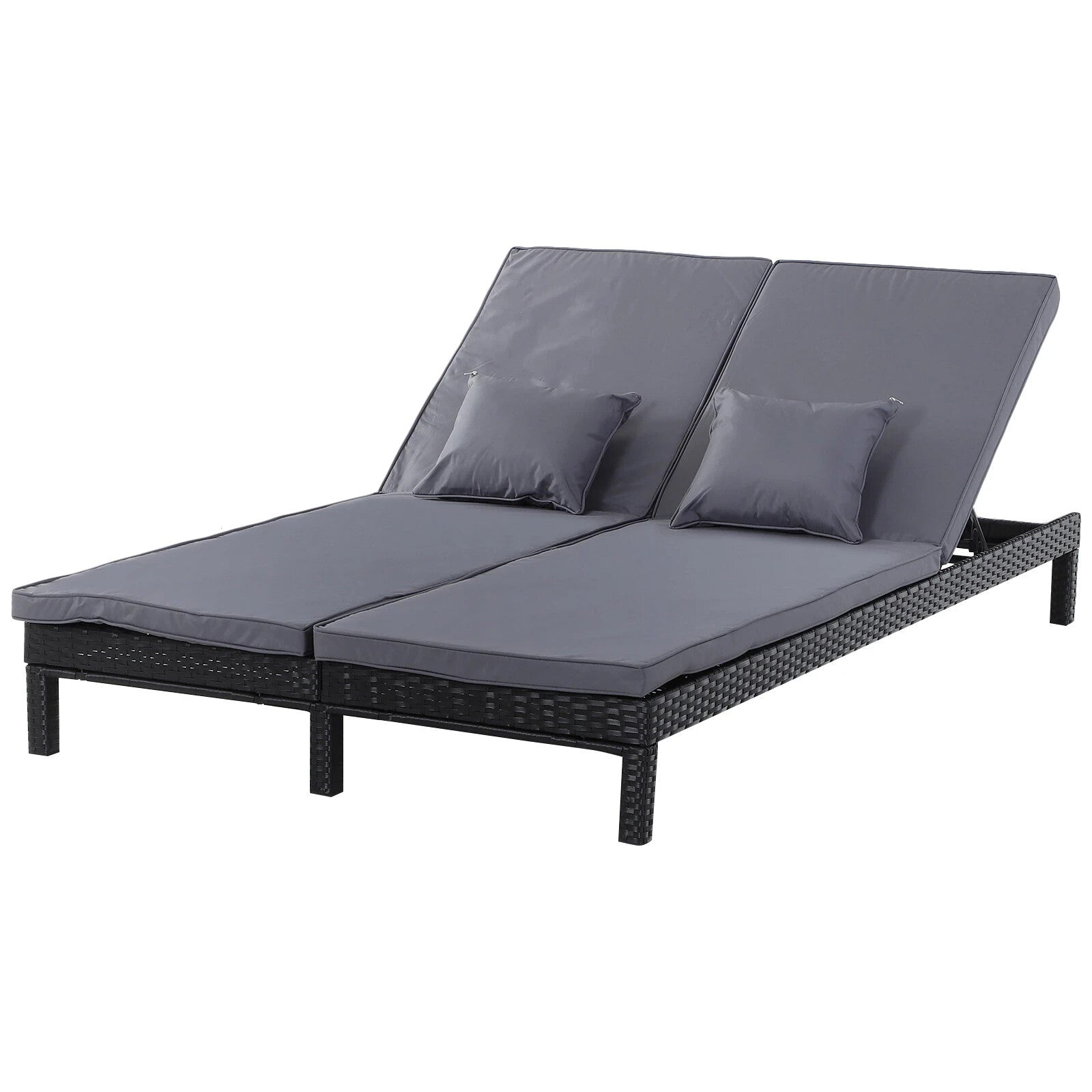 2 Person Rattan Double Sun Lounger Chair w/ Cushions & Adjustable Backrest Black - Home and Garden Furniture Shop - rustic - furniture
