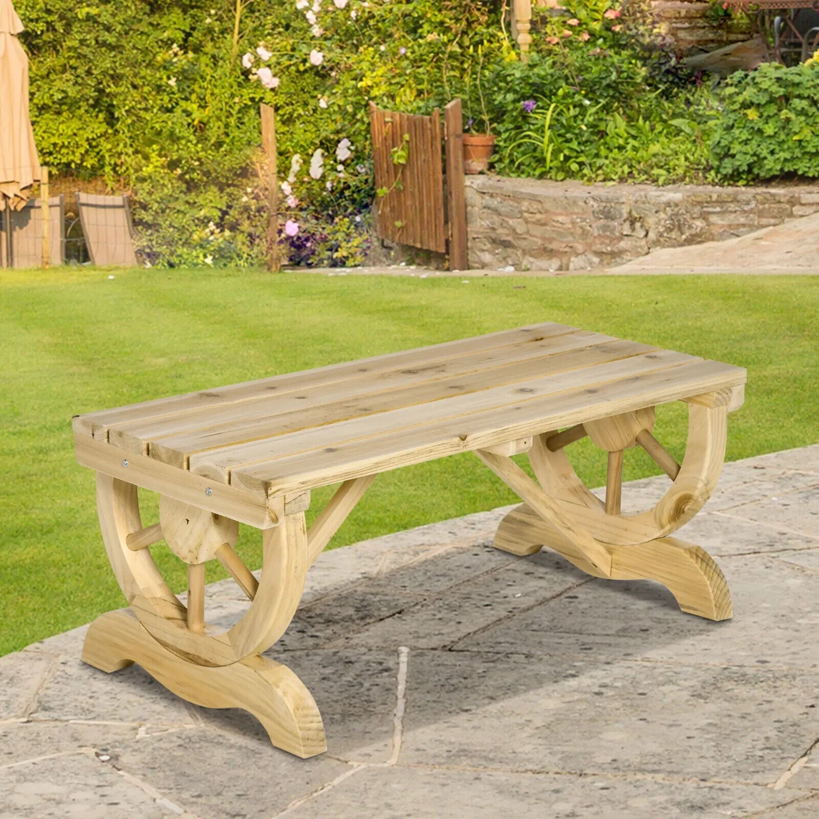 2 Person Rustic Wooden Garden Bench with Wheel Legs & Slatted Seat for Patio Use - Home and Garden Furniture Shop - #rustic - furniture#