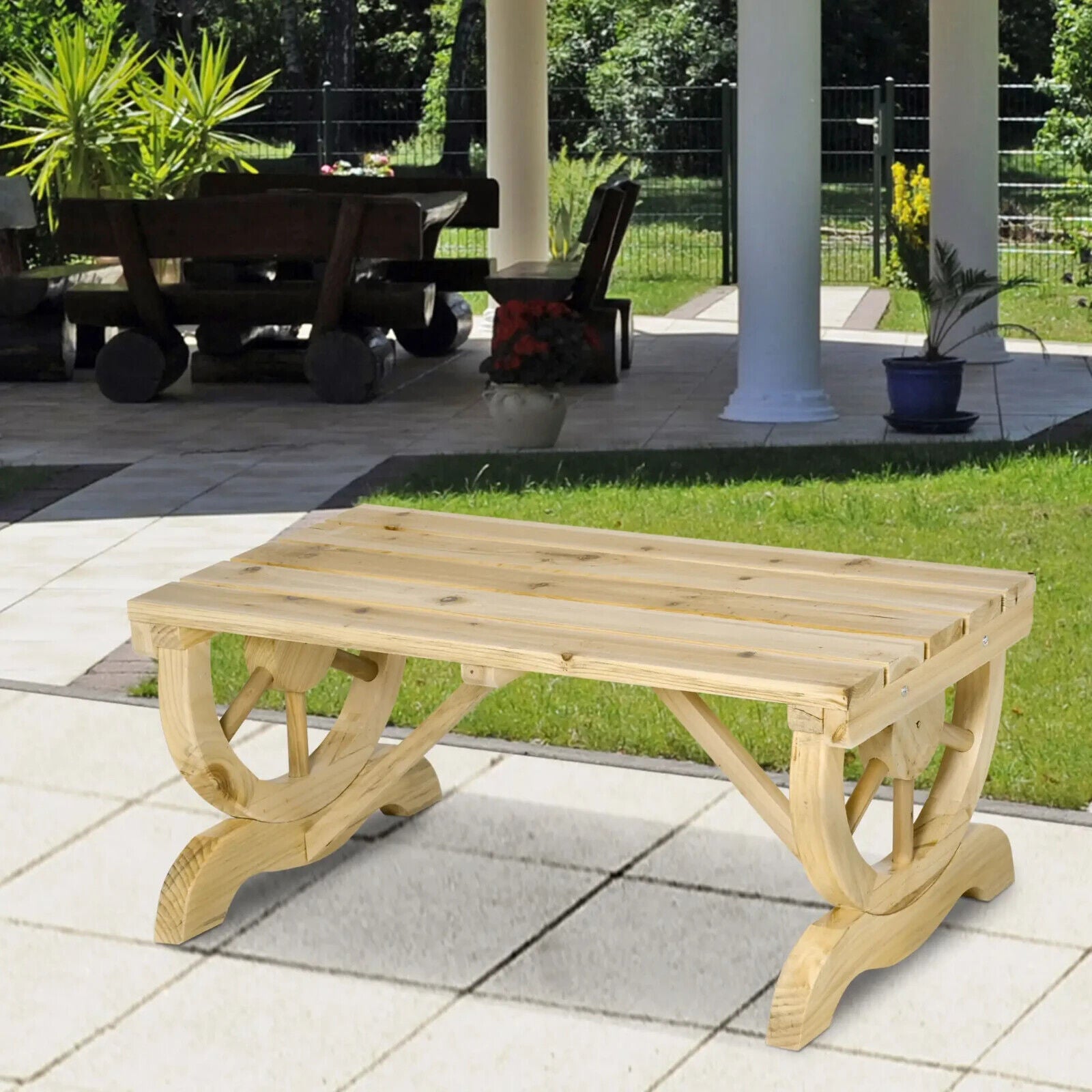 2 Person Rustic Wooden Garden Bench with Wheel Legs & Slatted Seat for Patio Use - Home and Garden Furniture Shop - #rustic - furniture#