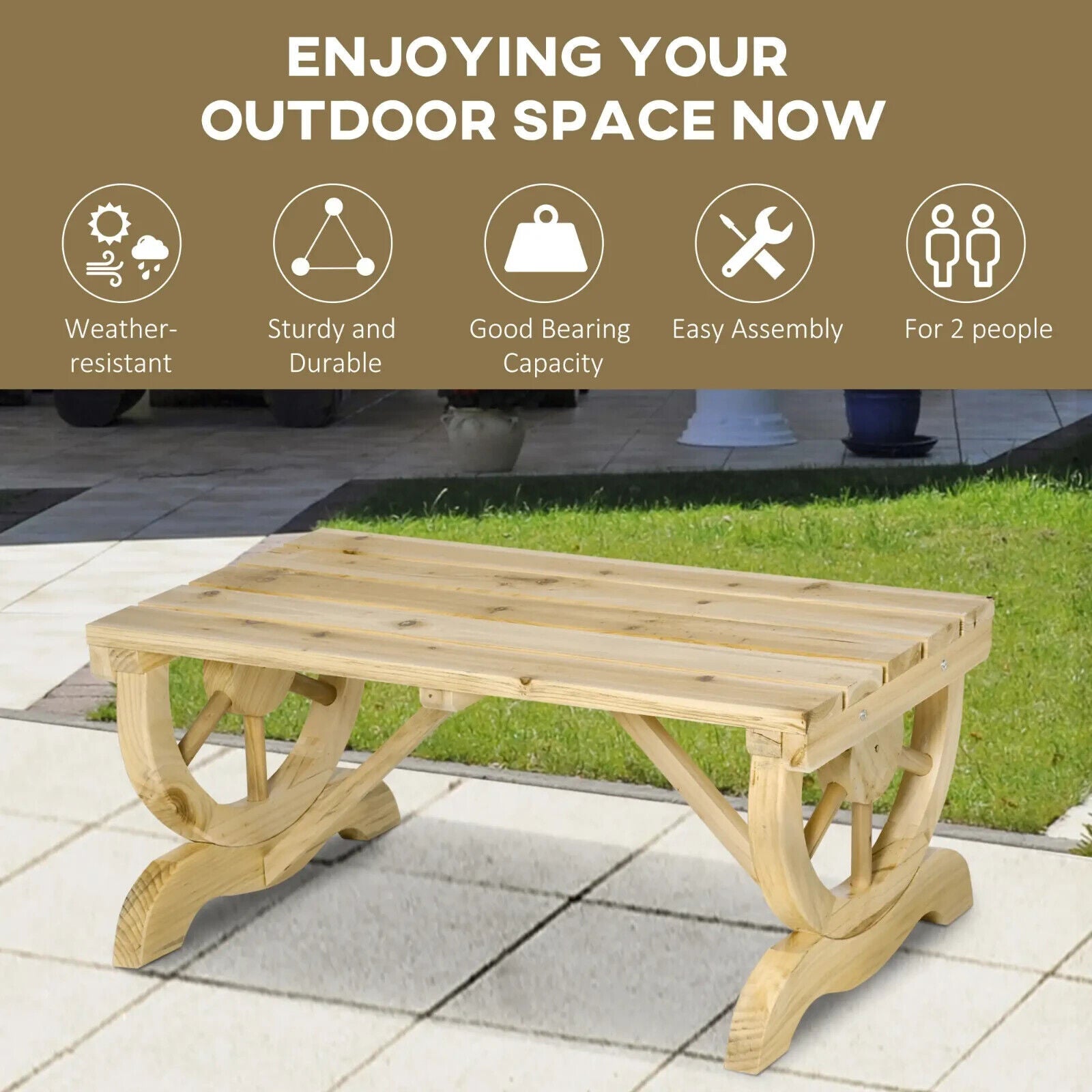 2 Person Rustic Wooden Garden Bench with Wheel Legs & Slatted Seat for Patio Use - Home and Garden Furniture Shop - #rustic - furniture#